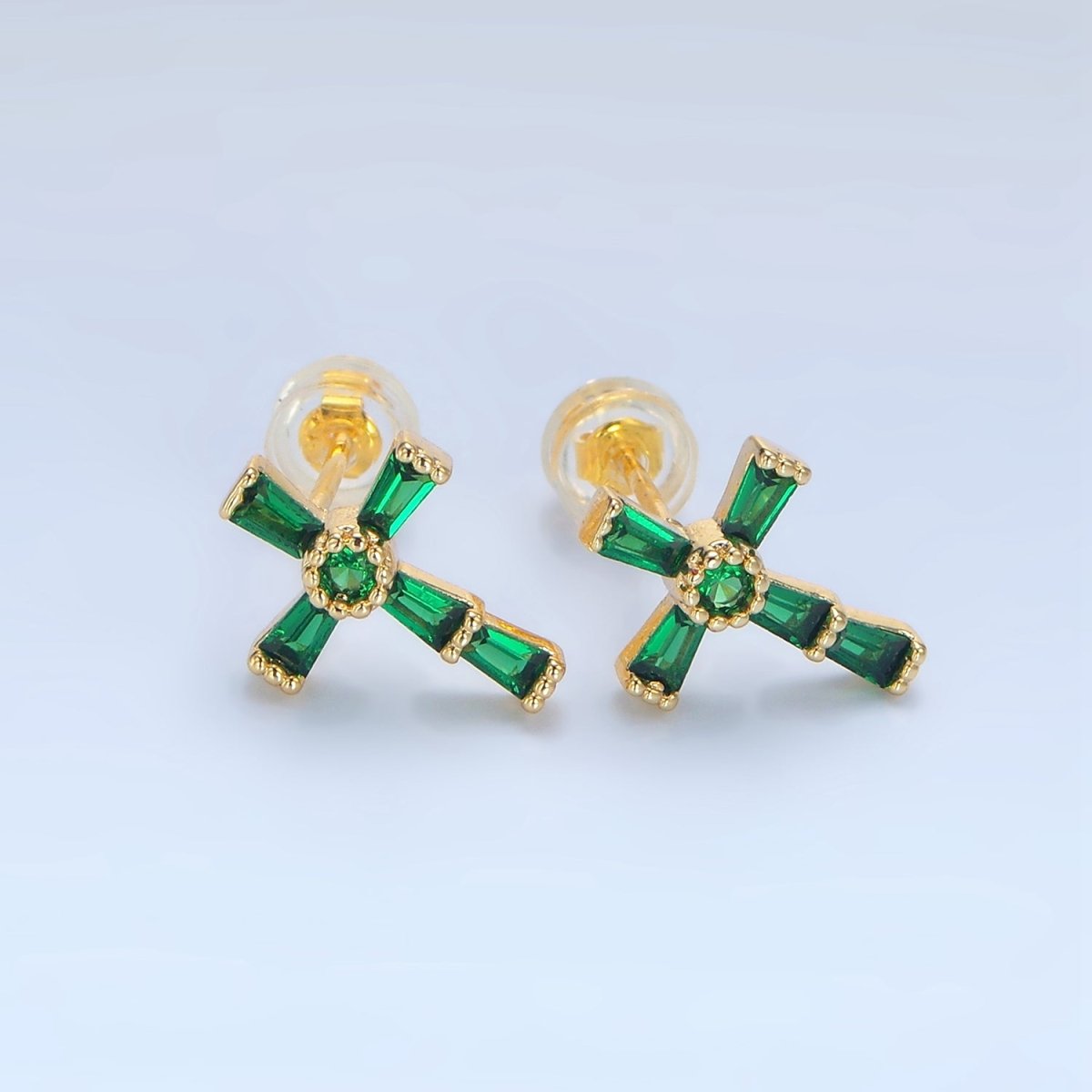 24K Gold Filled CZ Baguette Religious Cross Stud Earrings | P053 P054 P059 P060 - DLUXCA