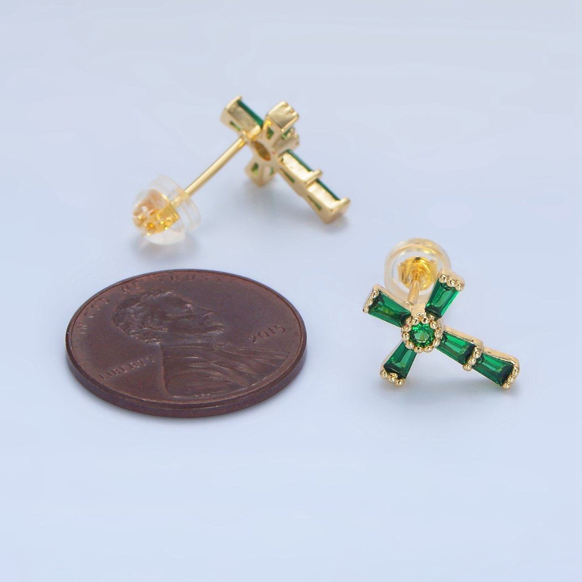 24K Gold Filled CZ Baguette Religious Cross Stud Earrings | P053 P054 P059 P060 - DLUXCA