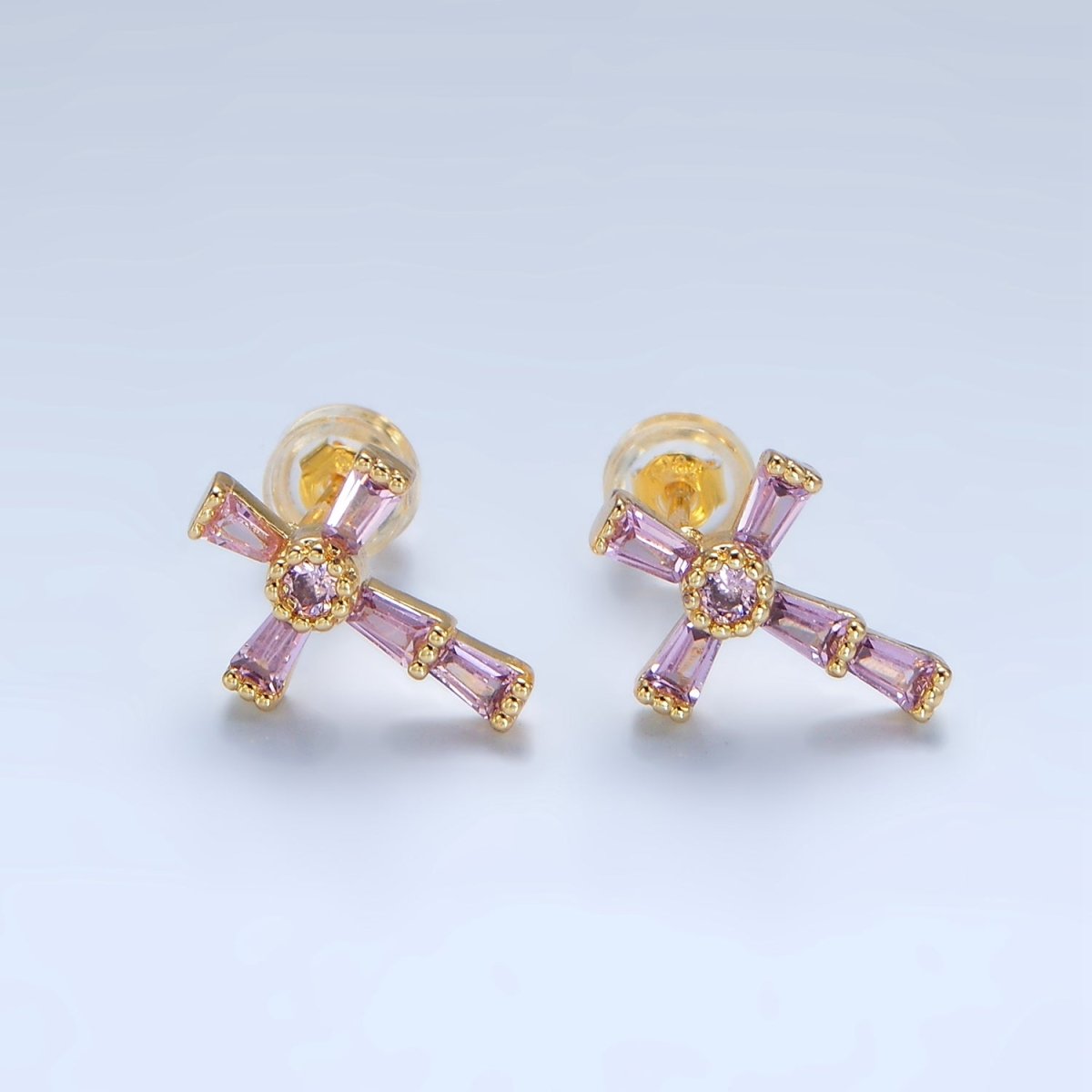 24K Gold Filled CZ Baguette Religious Cross Stud Earrings | P053 - P061 - DLUXCA