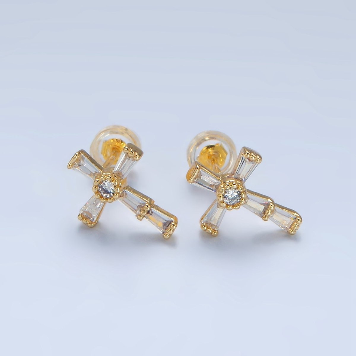 24K Gold Filled CZ Baguette Religious Cross Stud Earrings | P053 - P061 - DLUXCA