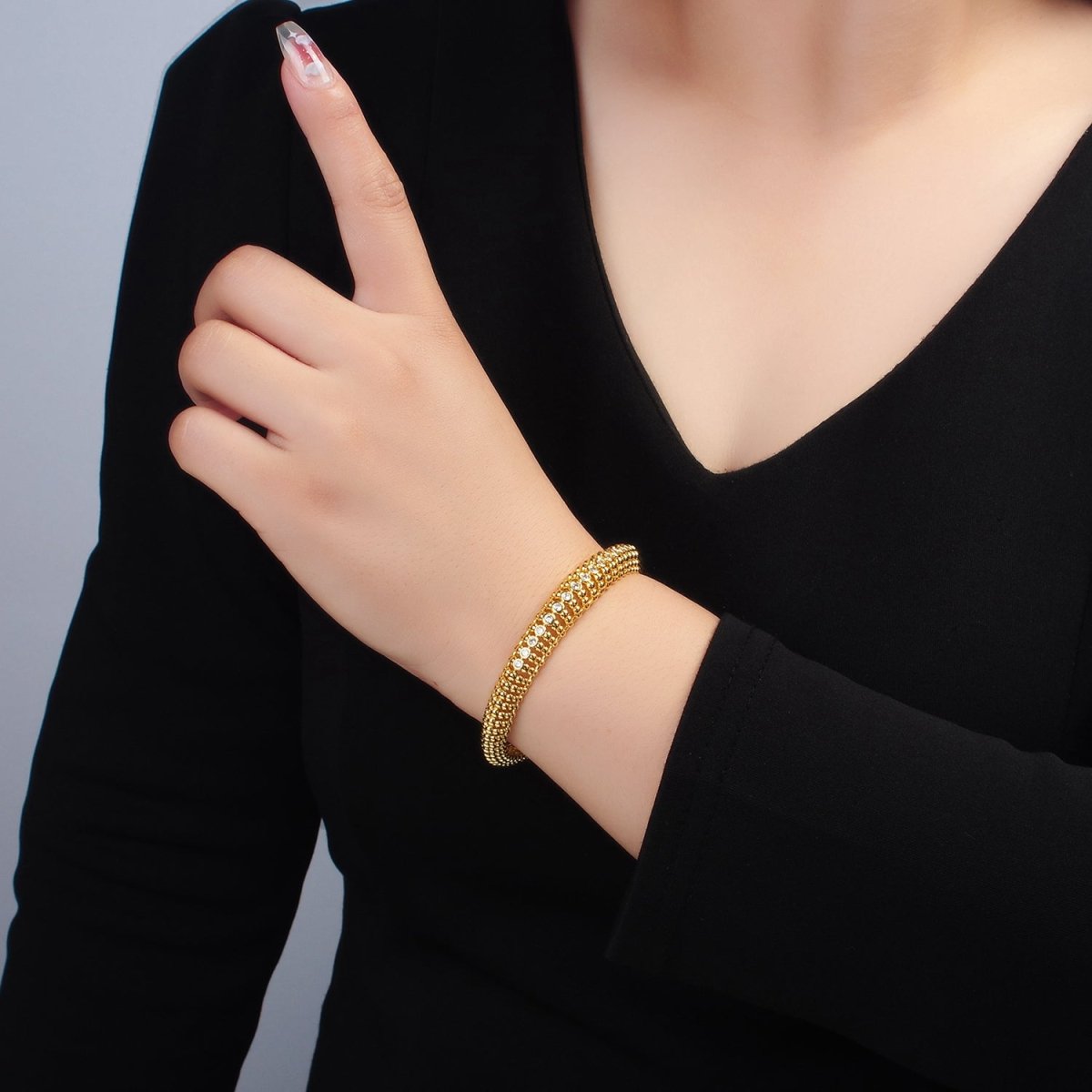 24K Gold Filled CZ Beaded Bubble Dotted Geometric Bangle Cuff Bracelet | WA - 2558 - DLUXCA