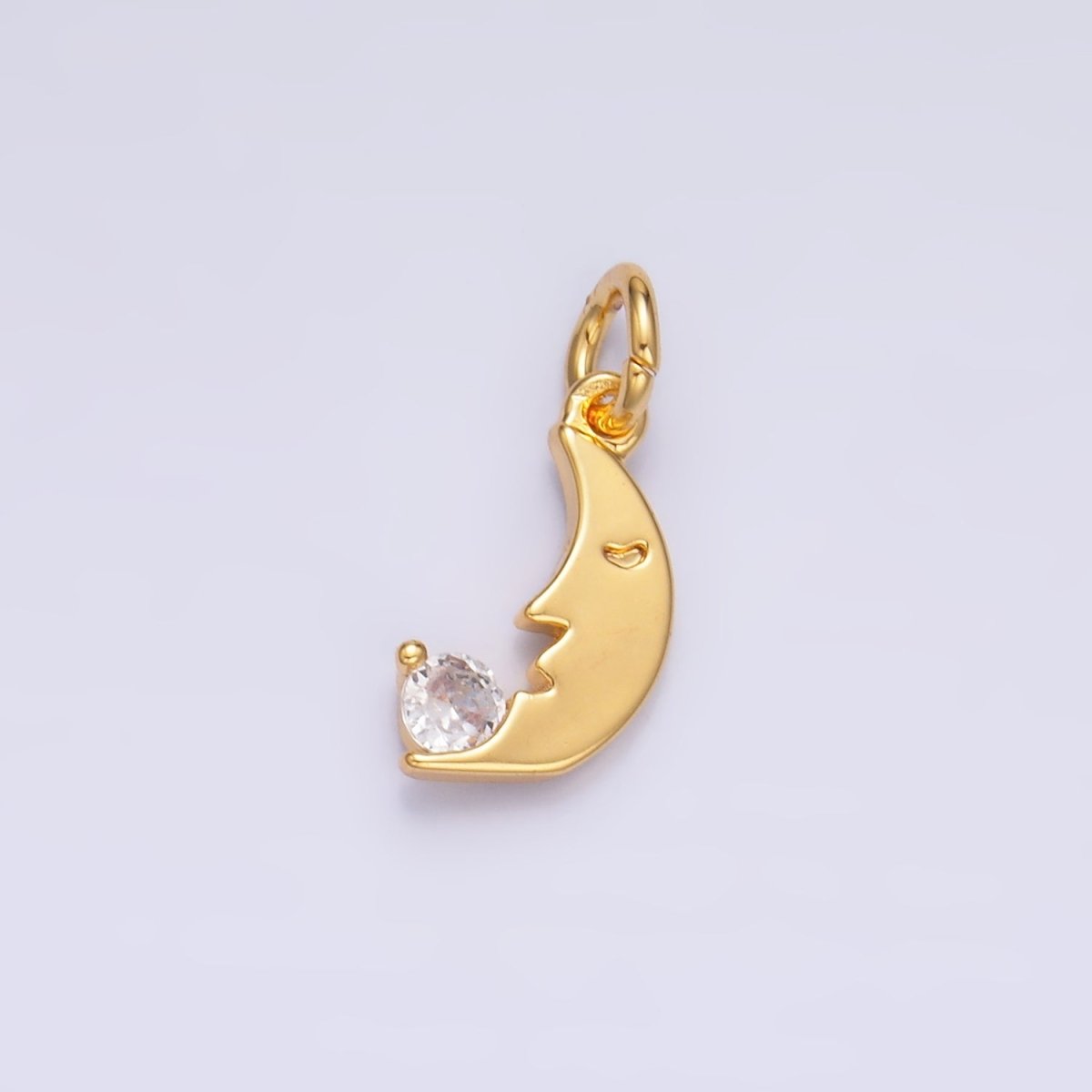24K Gold Filled CZ Celestial Crescent Moon Face Charm in Gold & Silver | W834 - DLUXCA