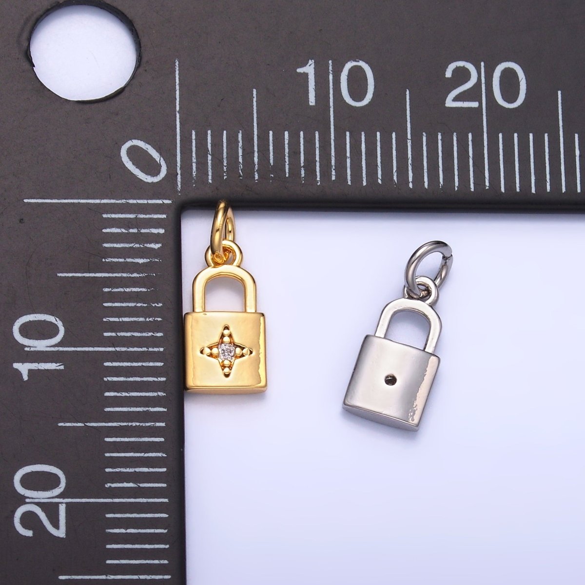 24K Gold Filled CZ Celestial Star Padlock Charm in Gold & Silver | E825 - DLUXCA