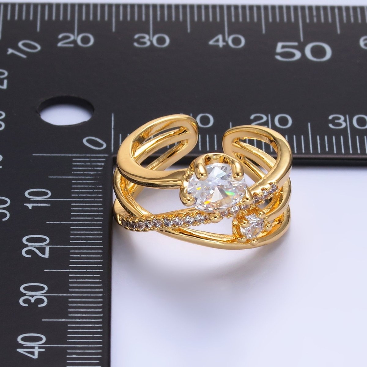 24K Gold Filled CZ Clear Micro Paved Geometric Multi - Band Ring | O550 - DLUXCA