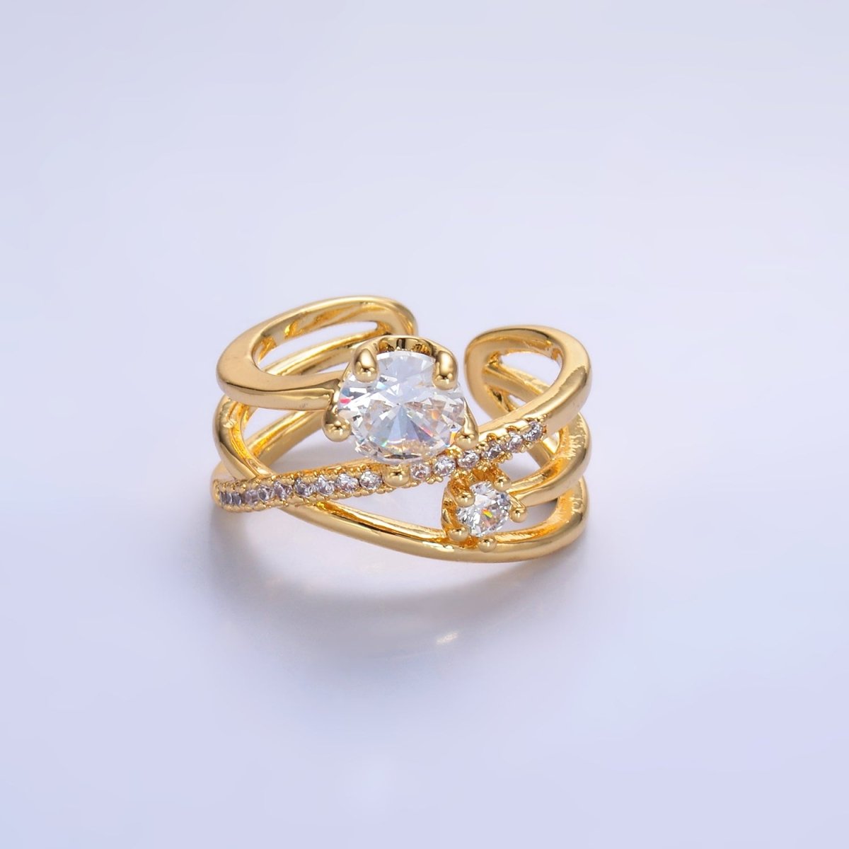 24K Gold Filled CZ Clear Micro Paved Geometric Multi - Band Ring | O550 - DLUXCA