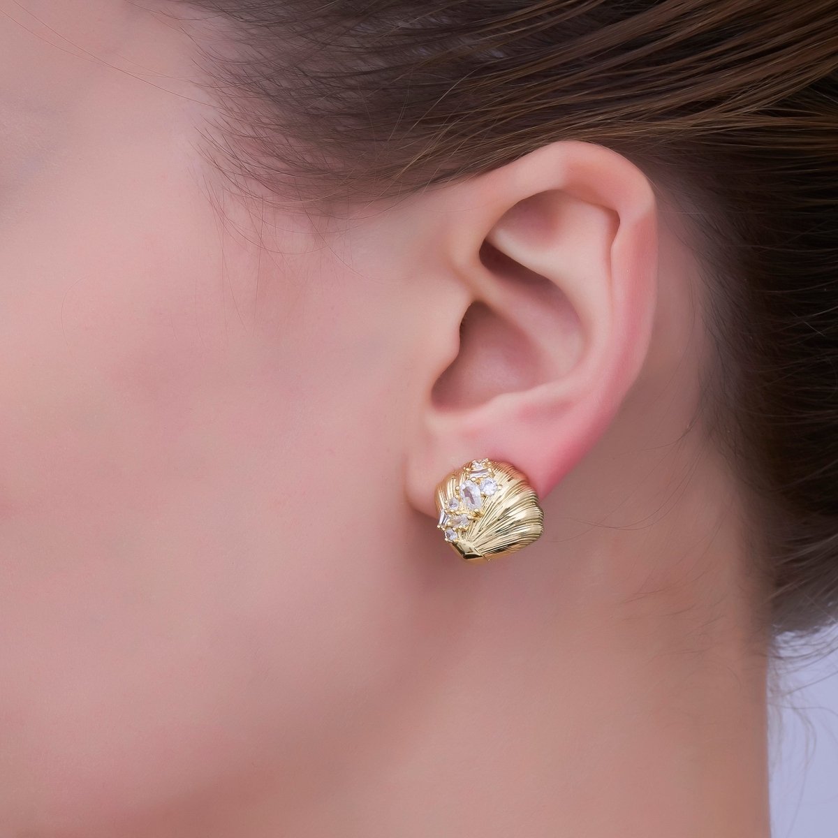 24K Gold Filled CZ Cluster Lined Sea Shell Stud Earrings | AB709 - DLUXCA