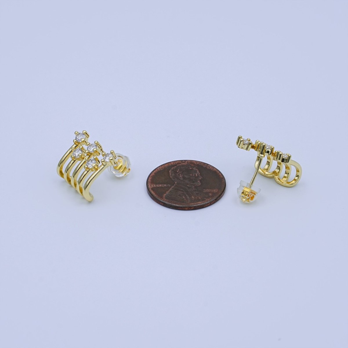 24K Gold Filled CZ Cluster Multiple Band J - Shaped Claw Stud Earrings | T442 - DLUXCA