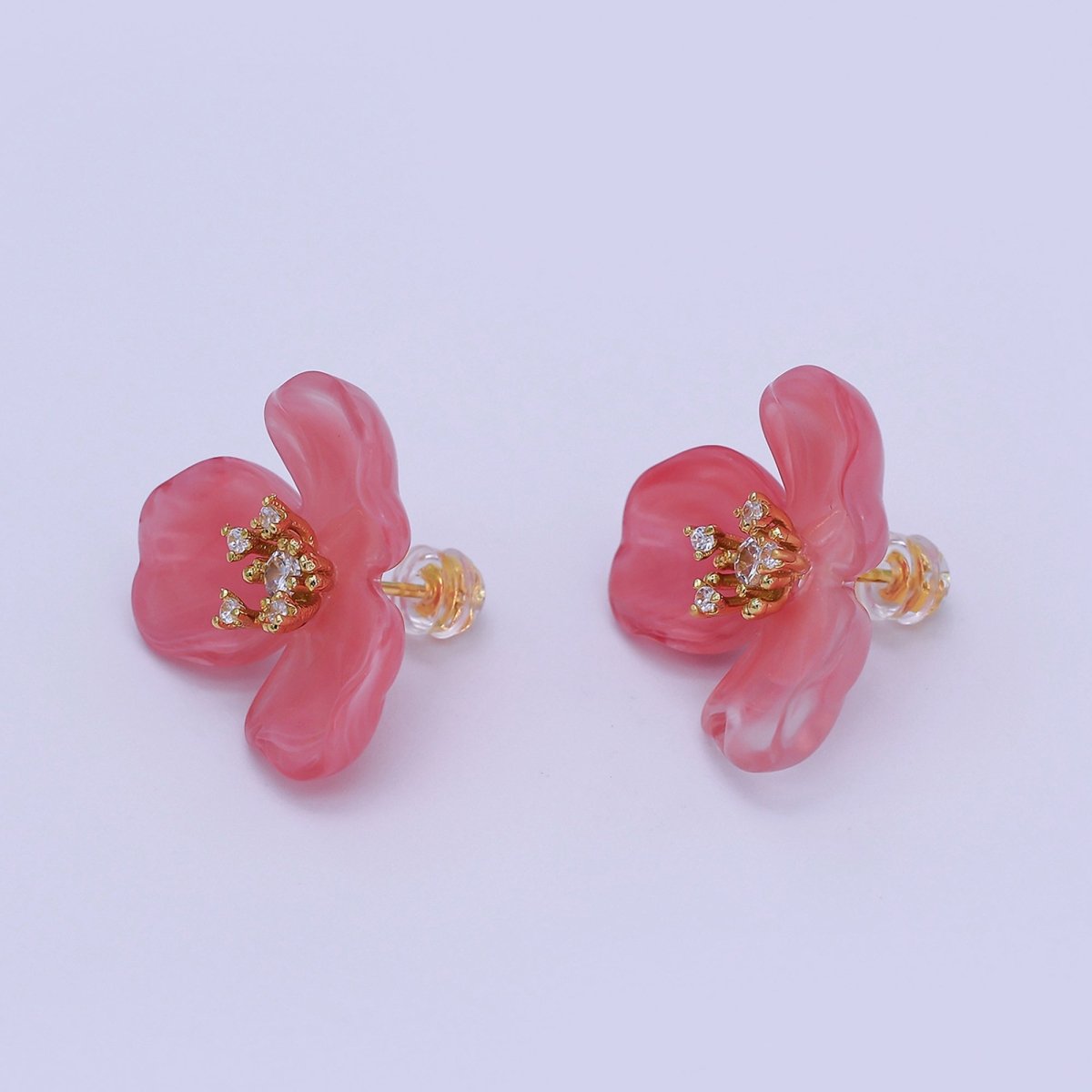 24K Gold Filled CZ Cluster Red, White, Orange, Green, Pink Acrylic Flower Stud Earrings | AB716 V147 - DLUXCA