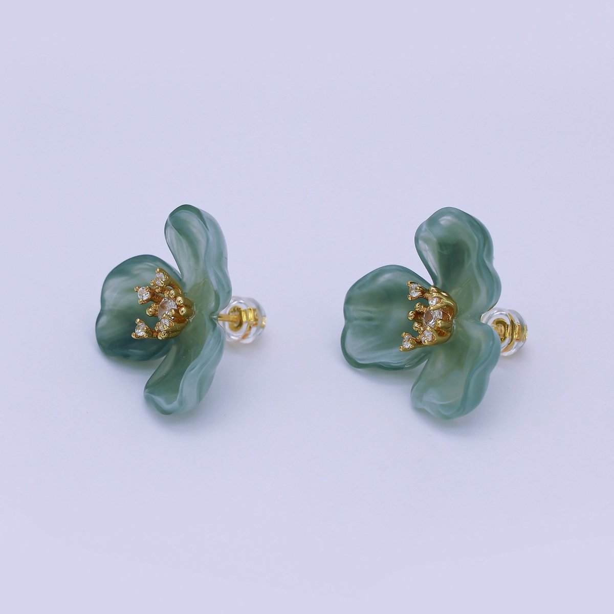24K Gold Filled CZ Cluster Red, White, Orange, Green, Pink Acrylic Flower Stud Earrings | AB716 V147 - DLUXCA
