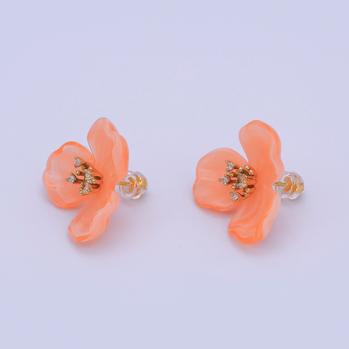 24K Gold Filled CZ Cluster Red, White, Orange, Green, Pink Acrylic Flower Stud Earrings | AB716 V147 - DLUXCA