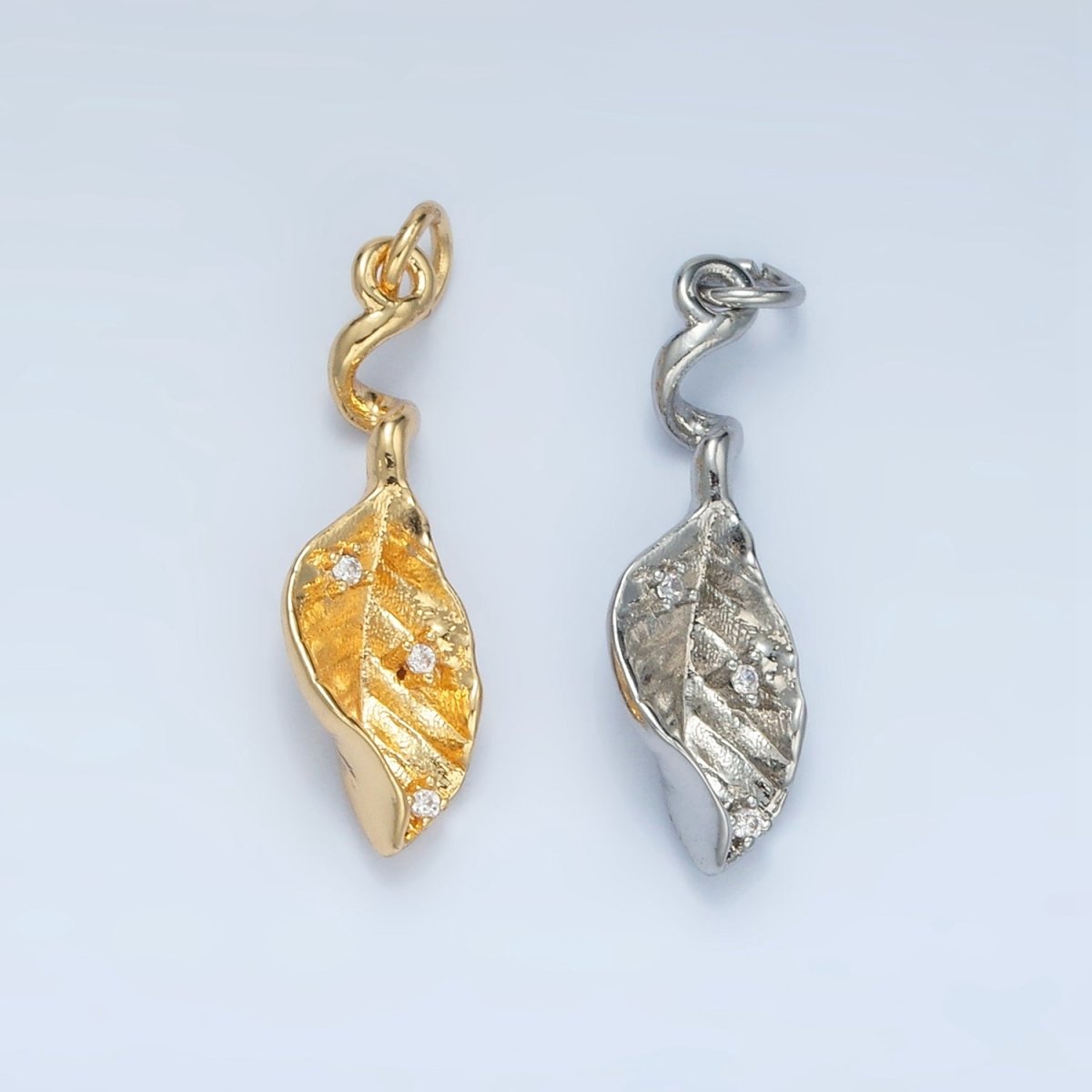 24K Gold Filled CZ Curved Leaf Nature Mini Charm in Gold & Silver | E382 - DLUXCA