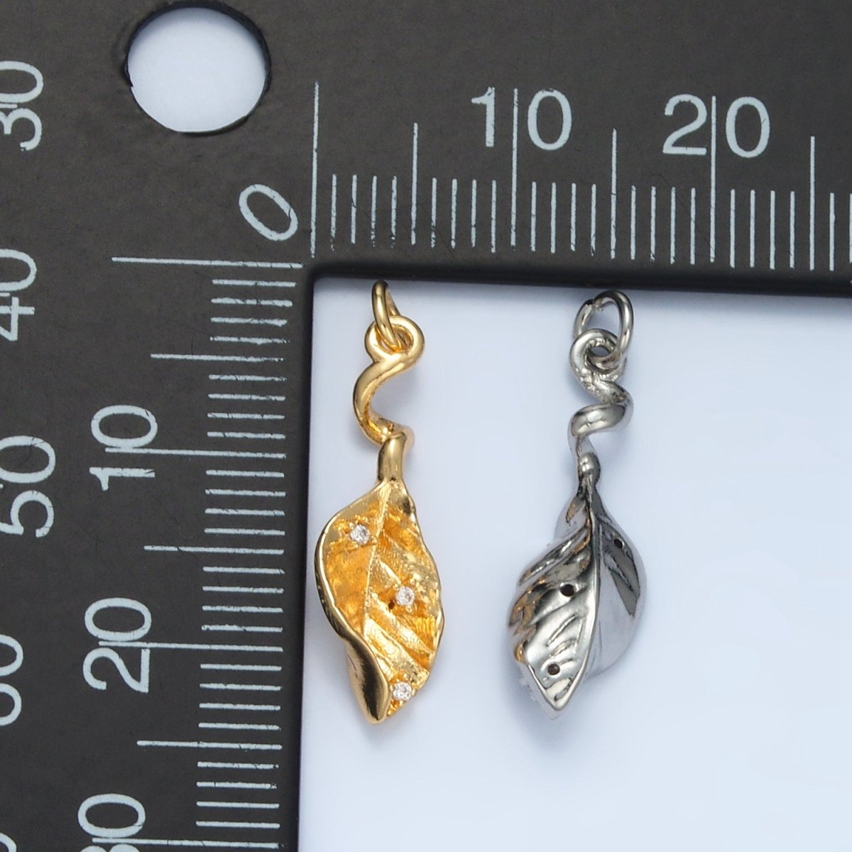 24K Gold Filled CZ Curved Leaf Nature Mini Charm in Gold & Silver | E382 - DLUXCA