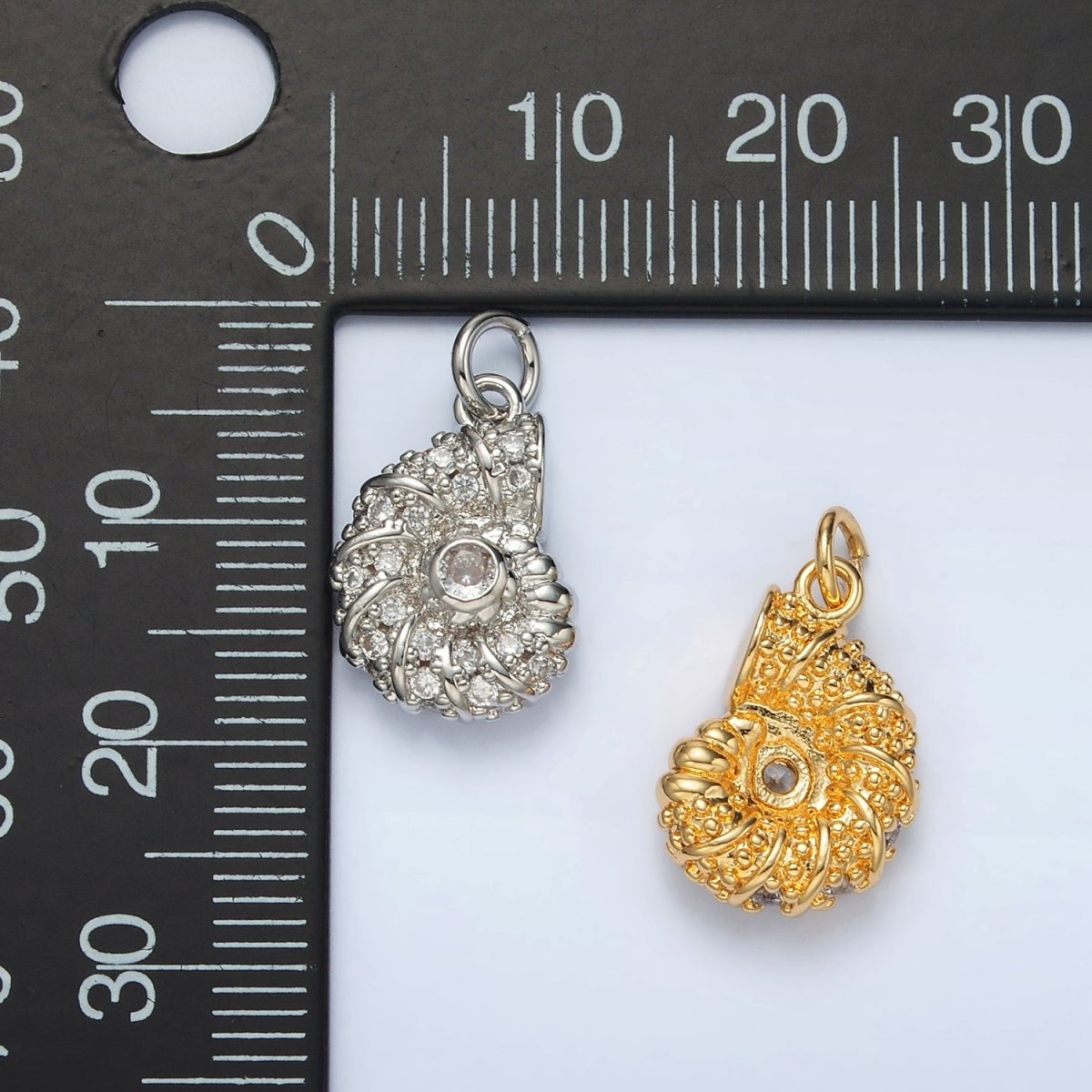 24K Gold Filled CZ Dotted Clam Sea Shell Charm in Gold & Silver | M747 - DLUXCA