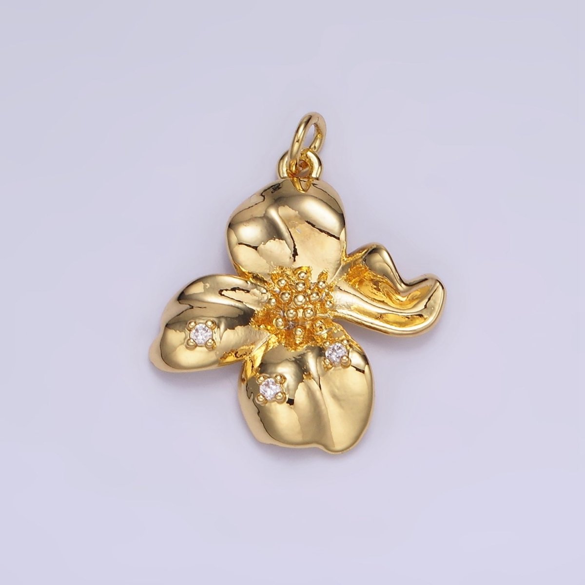 24K Gold Filled CZ Dotted Molten Foil Flower Petal Charm in Gold & Silver | C242 - DLUXCA