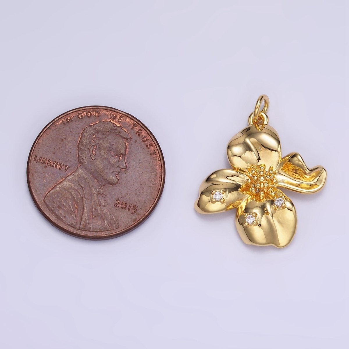 24K Gold Filled CZ Dotted Molten Foil Flower Petal Charm in Gold & Silver | C242 - DLUXCA