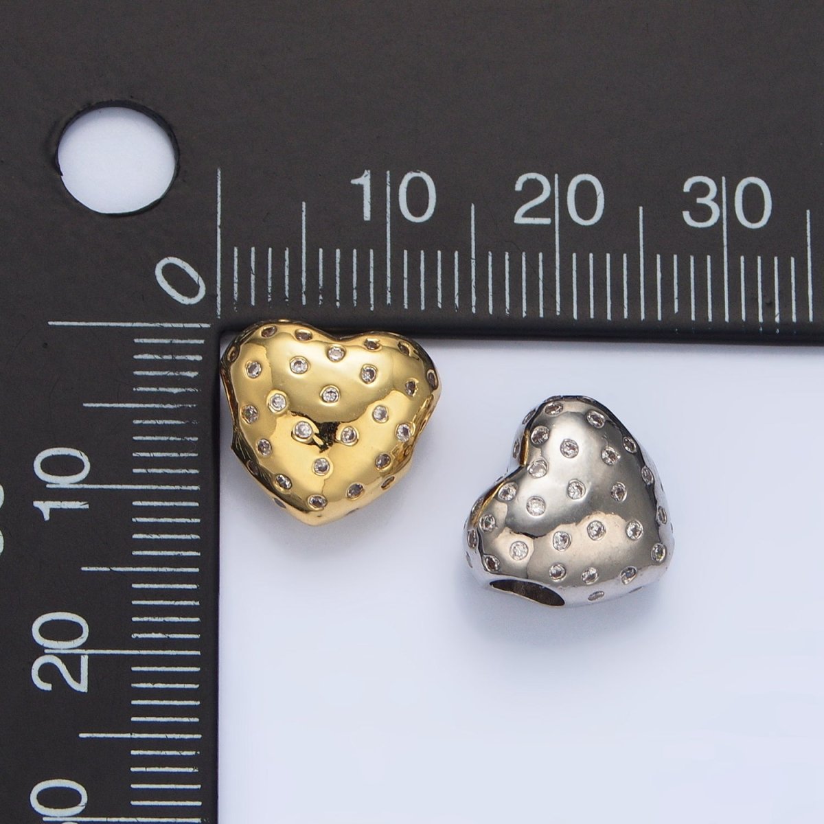 24k Gold Filled CZ Dotted Puffy Heart Bead Spacer Charm in Gold & Silver | B - 910 - DLUXCA