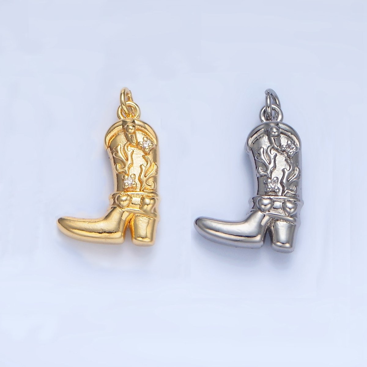 24K Gold Filled CZ Flaming Cowboy Boot Multidimensional Charm in Gold & Silver | X928 - DLUXCA