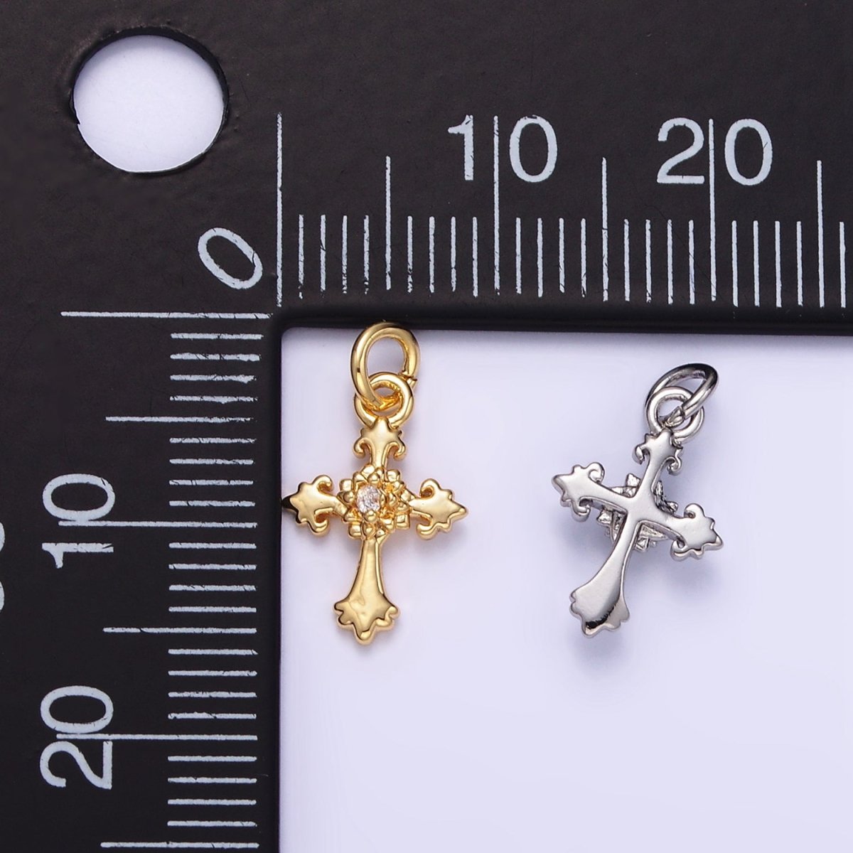 24K Gold Filled CZ Fleur Cross Mini Charm in Gold & Silver | AG845 - DLUXCA