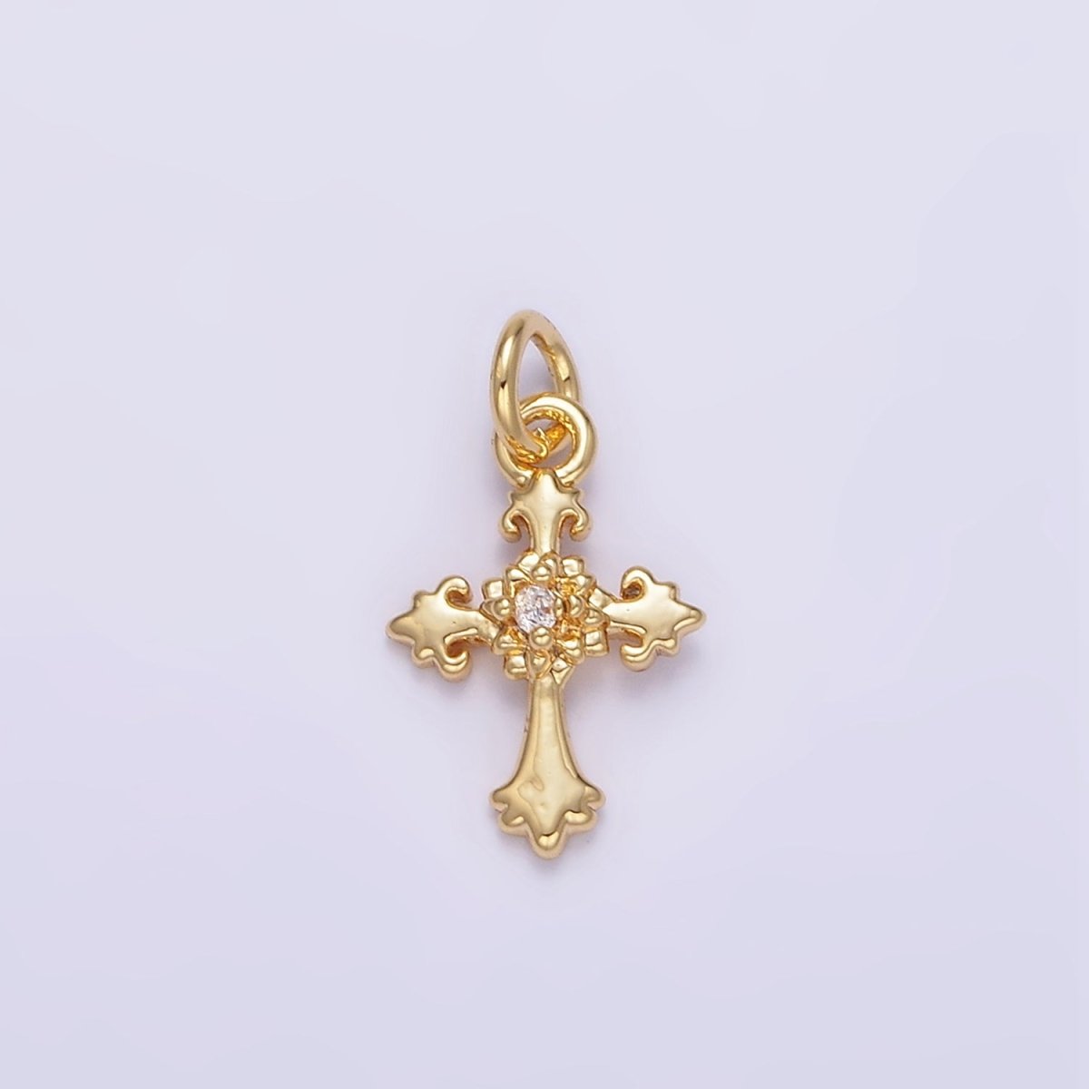 24K Gold Filled CZ Fleur Cross Mini Charm in Gold & Silver | AG845 - DLUXCA