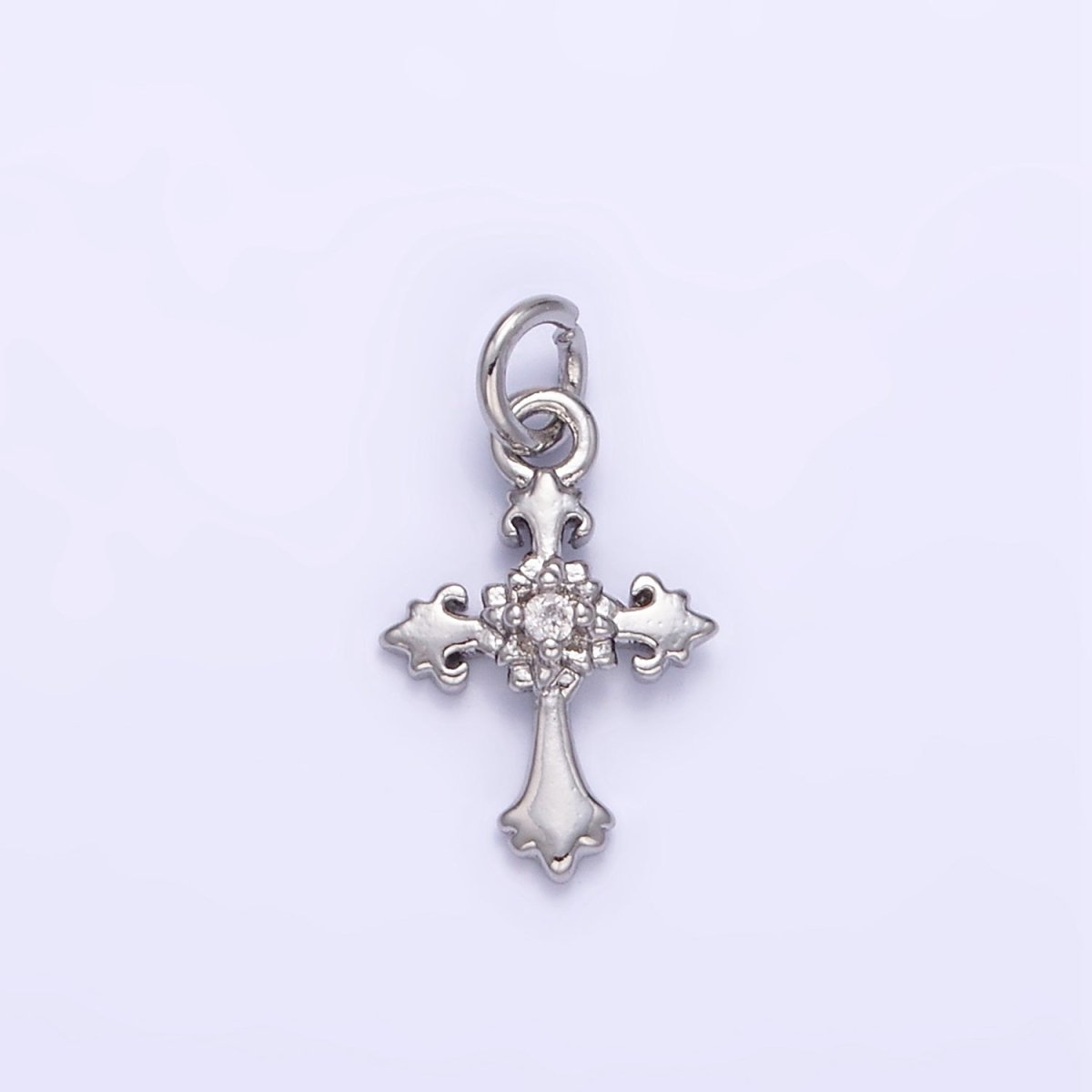 24K Gold Filled CZ Fleur Cross Mini Charm in Gold & Silver | AG845 - DLUXCA