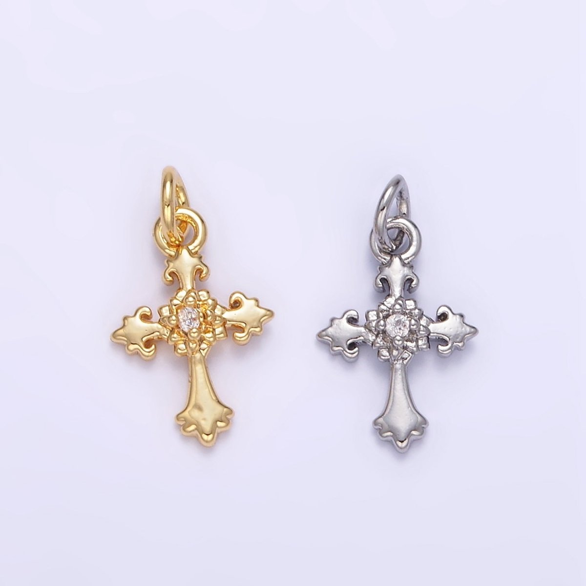 24K Gold Filled CZ Fleur Cross Mini Charm in Gold & Silver | AG845 - DLUXCA