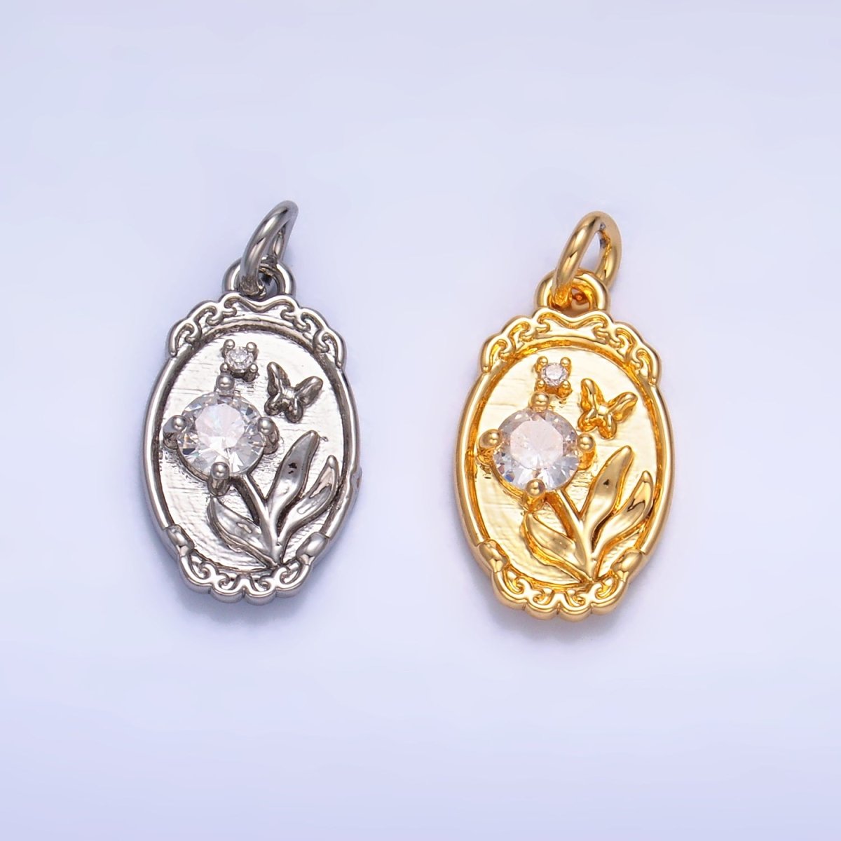 24K Gold Filled CZ Flower Butterfly Oval Charm in Gold & Silver | W383 - DLUXCA