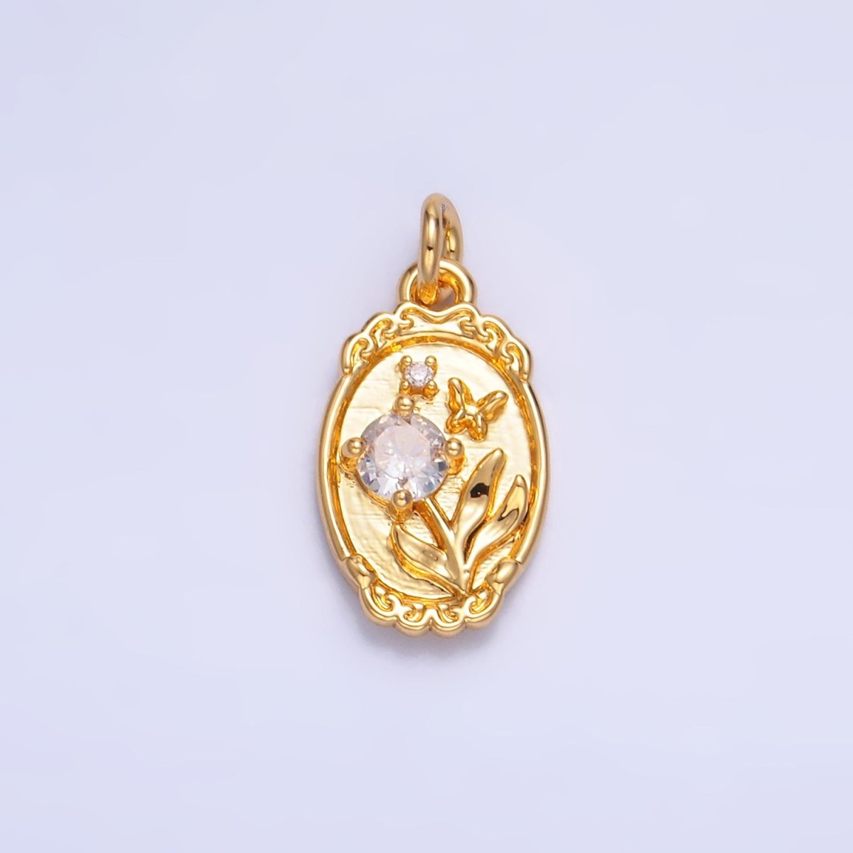 24K Gold Filled CZ Flower Butterfly Oval Charm in Gold & Silver | W383 - DLUXCA