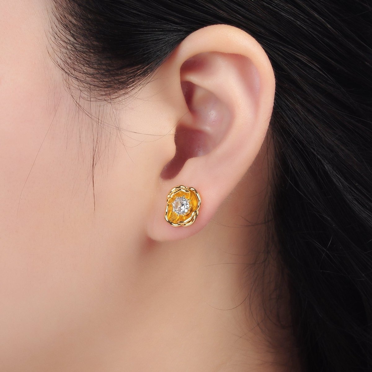 24K Gold Filled CZ Flower Stud Earrings | AD - 626 - DLUXCA