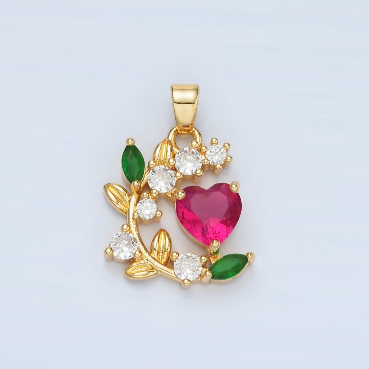 24K Gold Filled CZ Fuchsia Heart Vine Flower Pendant | AA879 - DLUXCA