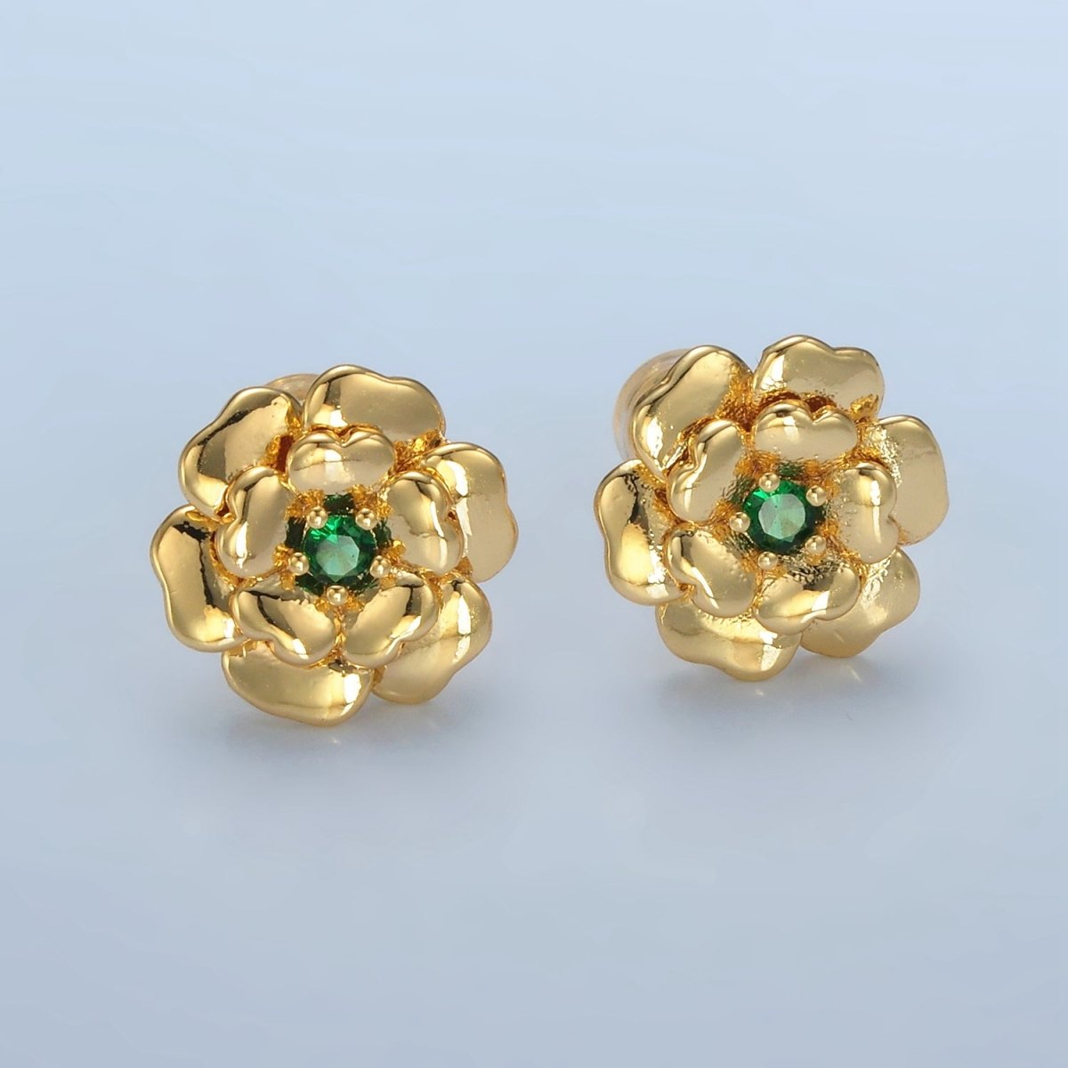 24K Gold Filled CZ Green Emerald Flower Stud Earrings | AD - 624 - DLUXCA