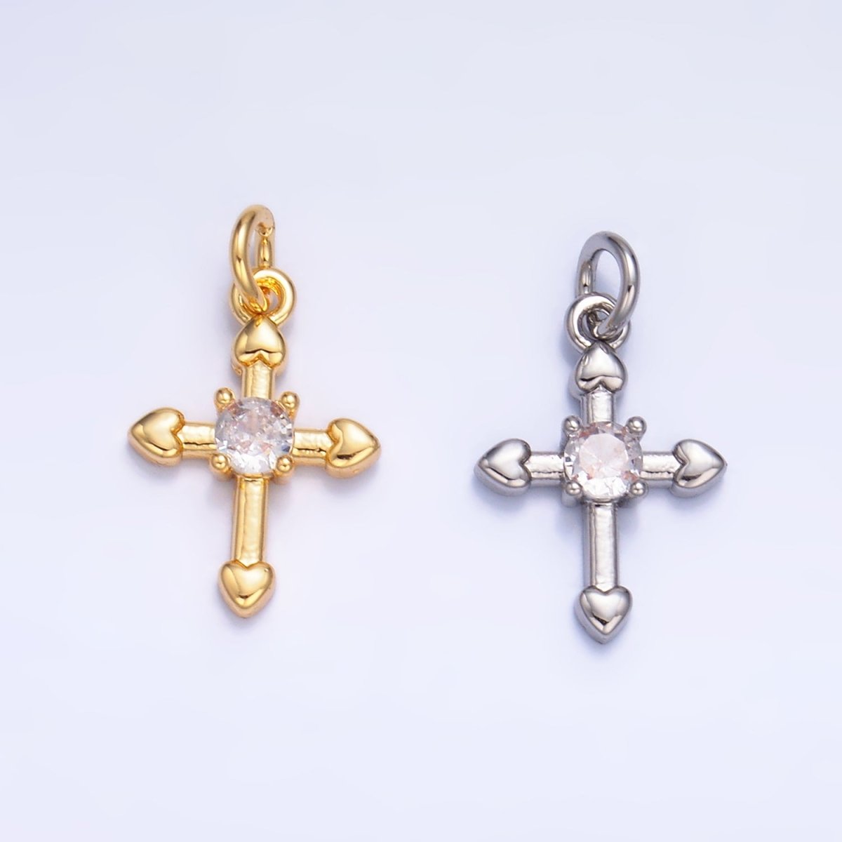 24K Gold Filled CZ Heart Religious Cross Charm in Gold & Silver | W377 - DLUXCA