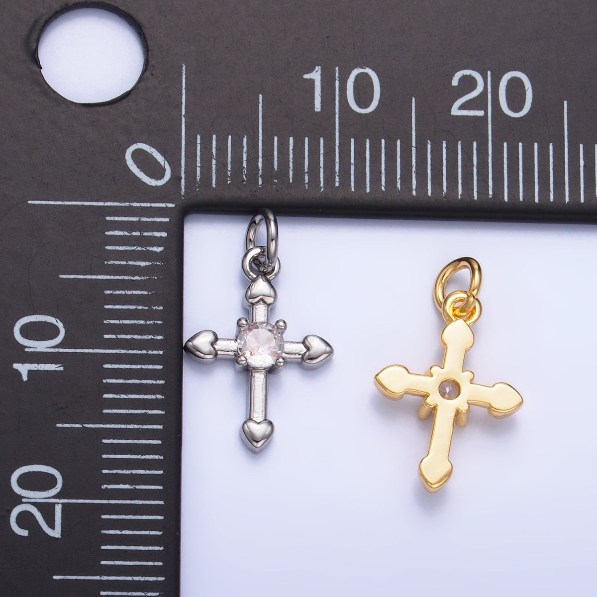 24K Gold Filled CZ Heart Religious Cross Charm in Gold & Silver | W377 - DLUXCA