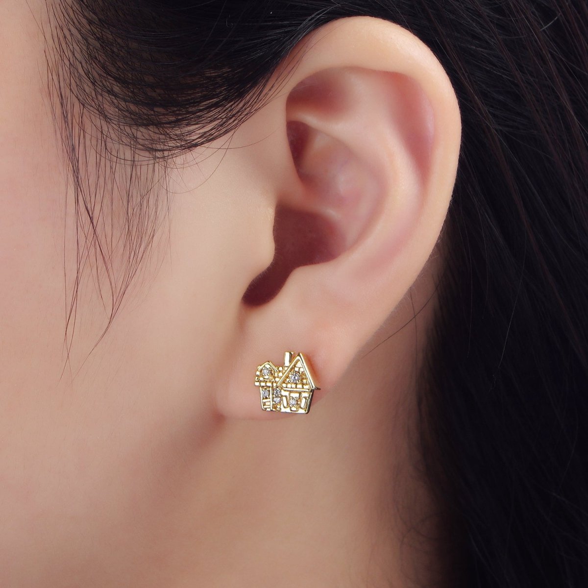 24K Gold Filled CZ House Home Mini Stud Earrings | P010 - DLUXCA