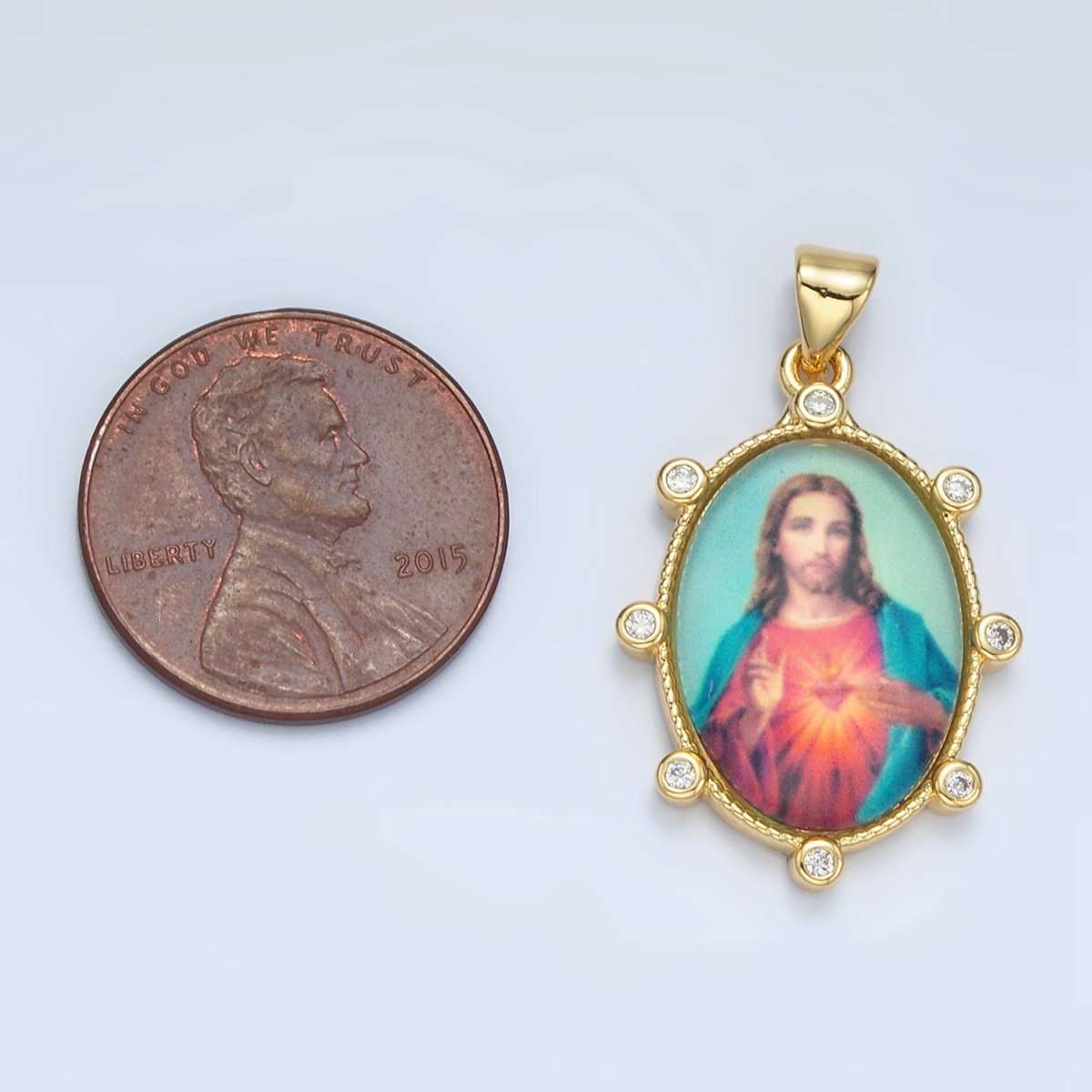 24K Gold Filled CZ Jesus Sacred Heart Oval Religious Pendant | AA - 901 - DLUXCA