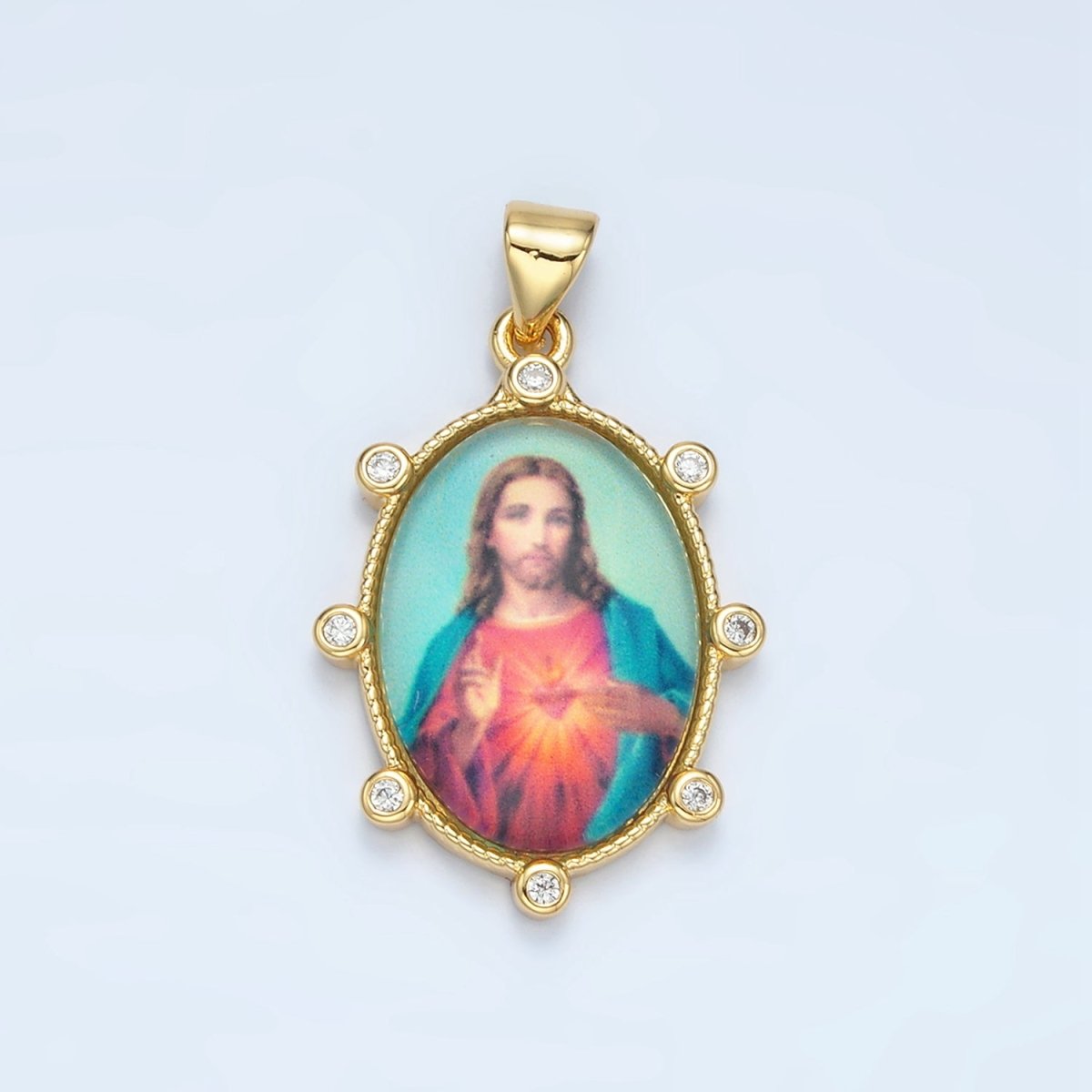 24K Gold Filled CZ Jesus Sacred Heart Oval Religious Pendant | AA - 901 - DLUXCA