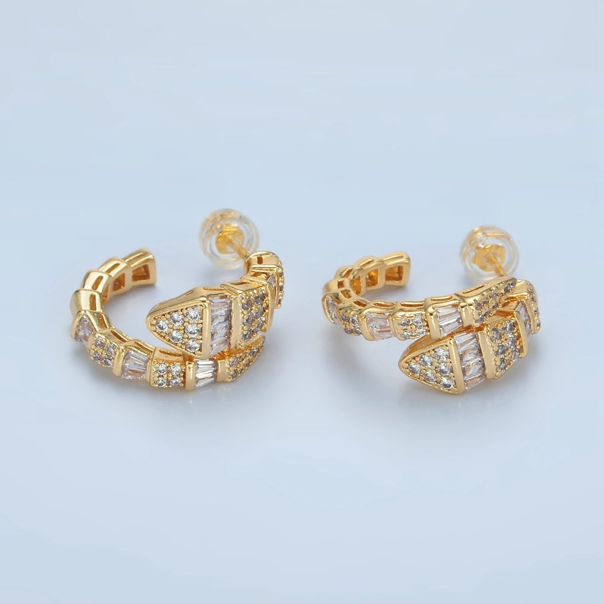 24K Gold Filled CZ Micro Paved Baguette Double Band C - Shaped Hoop Earrings | AD - 736 - DLUXCA