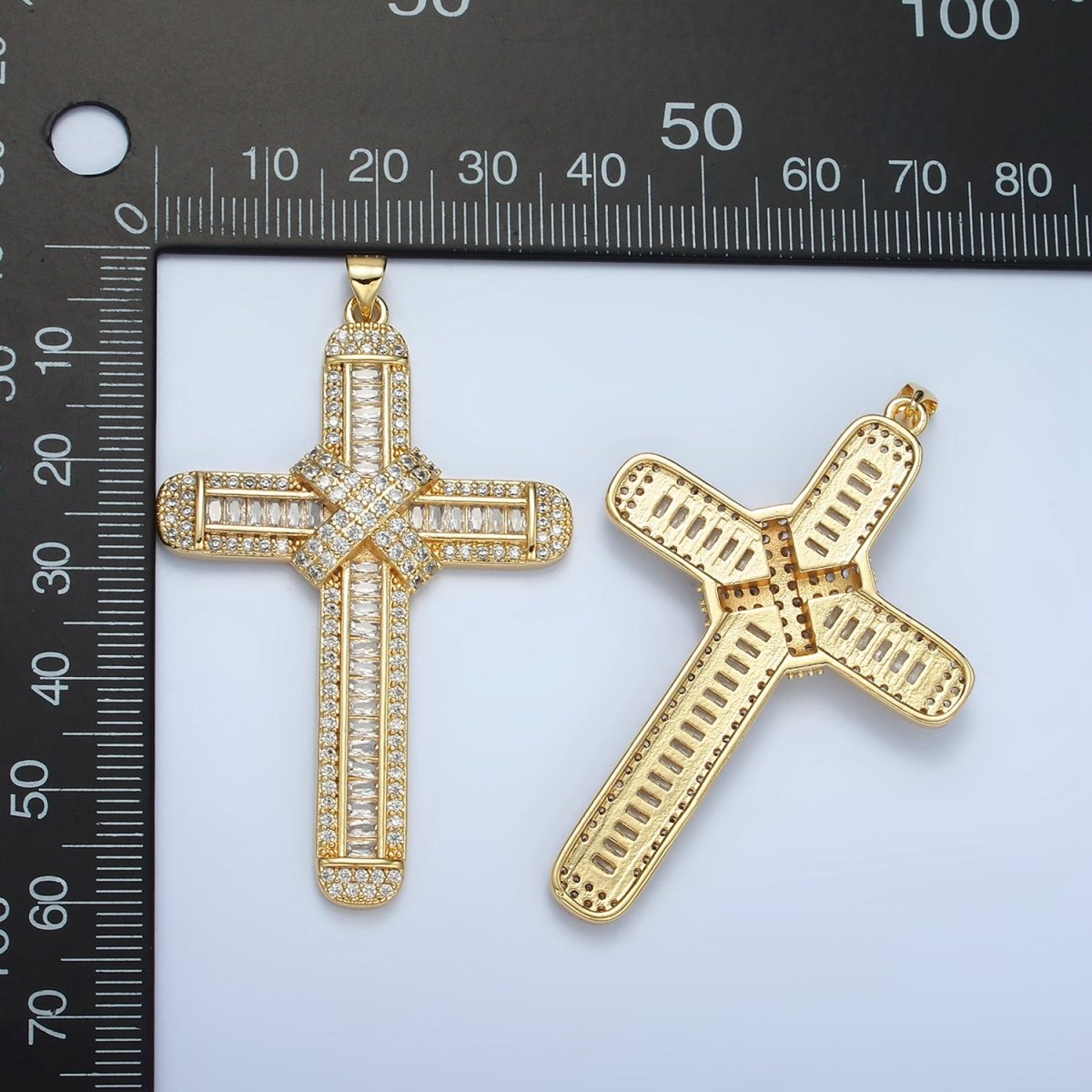 24K Gold Filled CZ Micro Paved Baguette Religious Cross Pendant | AA - 802 - DLUXCA