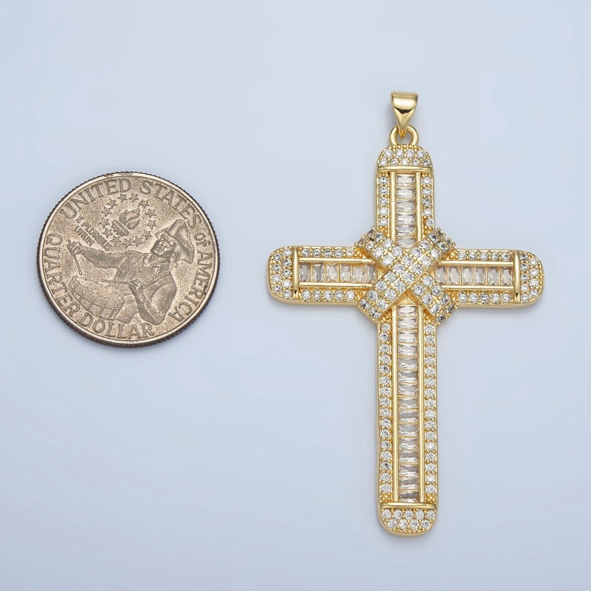 24K Gold Filled CZ Micro Paved Baguette Religious Cross Pendant | AA - 802 - DLUXCA