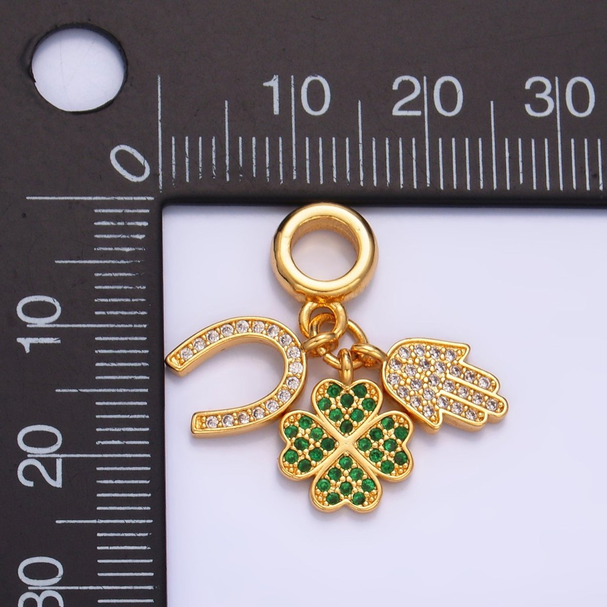 24K Gold Filled CZ Micro Paved Horse Shoe, Four Leaf Clover, Hamsa Hand Rhondelle Drop Lucky Charms | W421 - DLUXCA