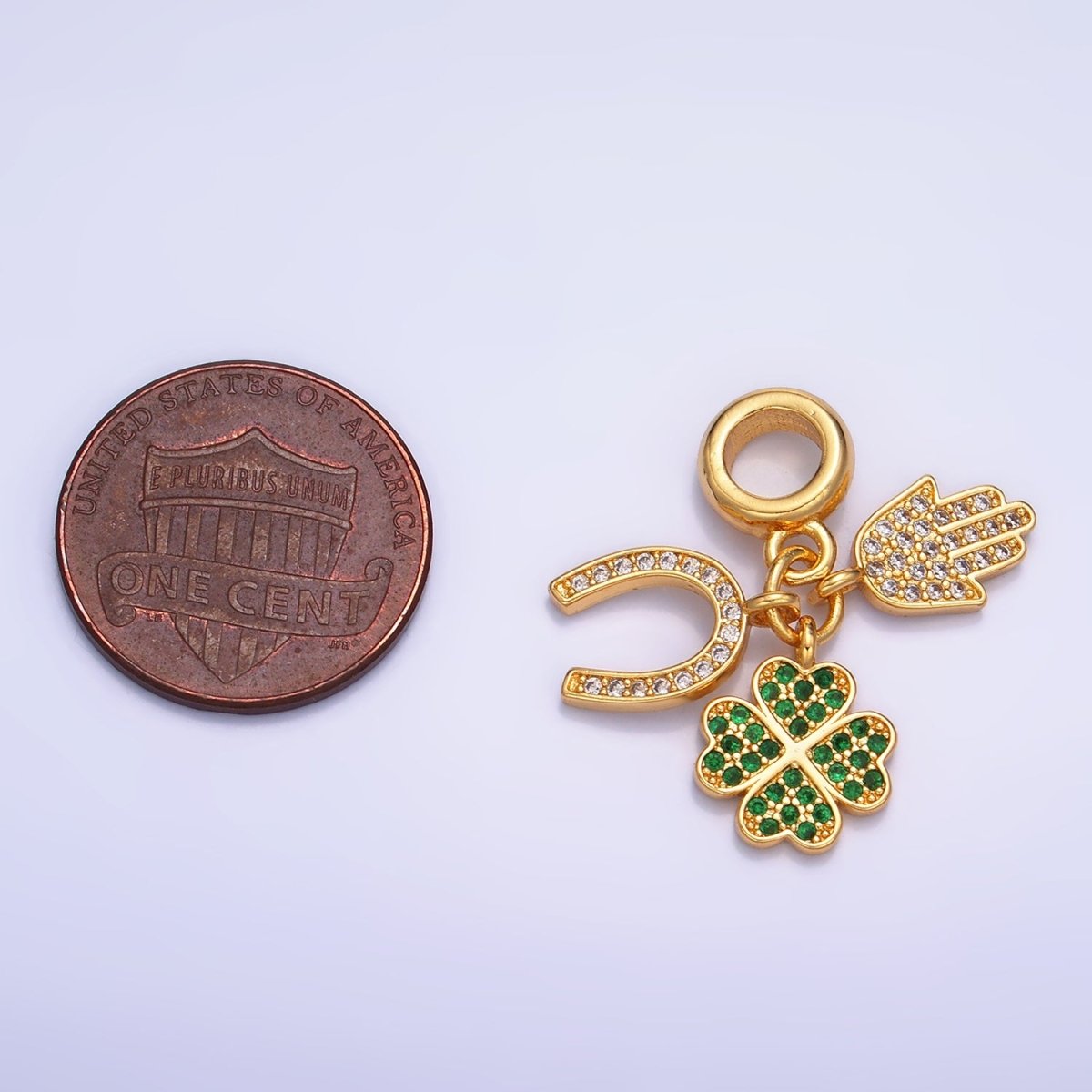 24K Gold Filled CZ Micro Paved Horse Shoe, Four Leaf Clover, Hamsa Hand Rhondelle Drop Lucky Charms | W421 - DLUXCA