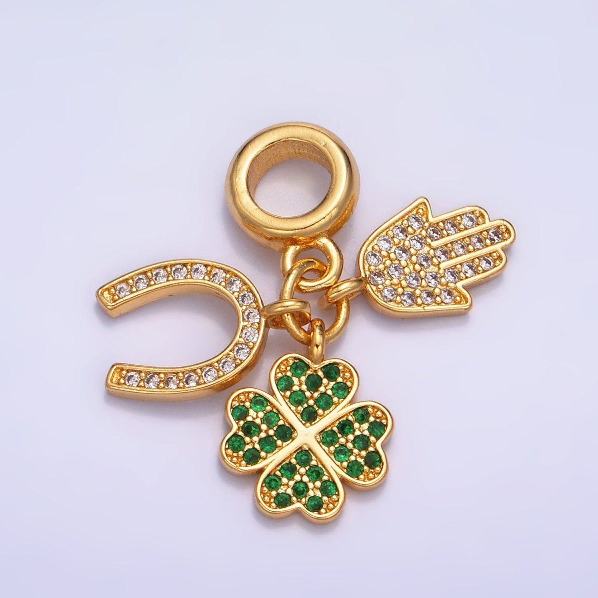 24K Gold Filled CZ Micro Paved Horse Shoe, Four Leaf Clover, Hamsa Hand Rhondelle Drop Lucky Charms | W421 - DLUXCA