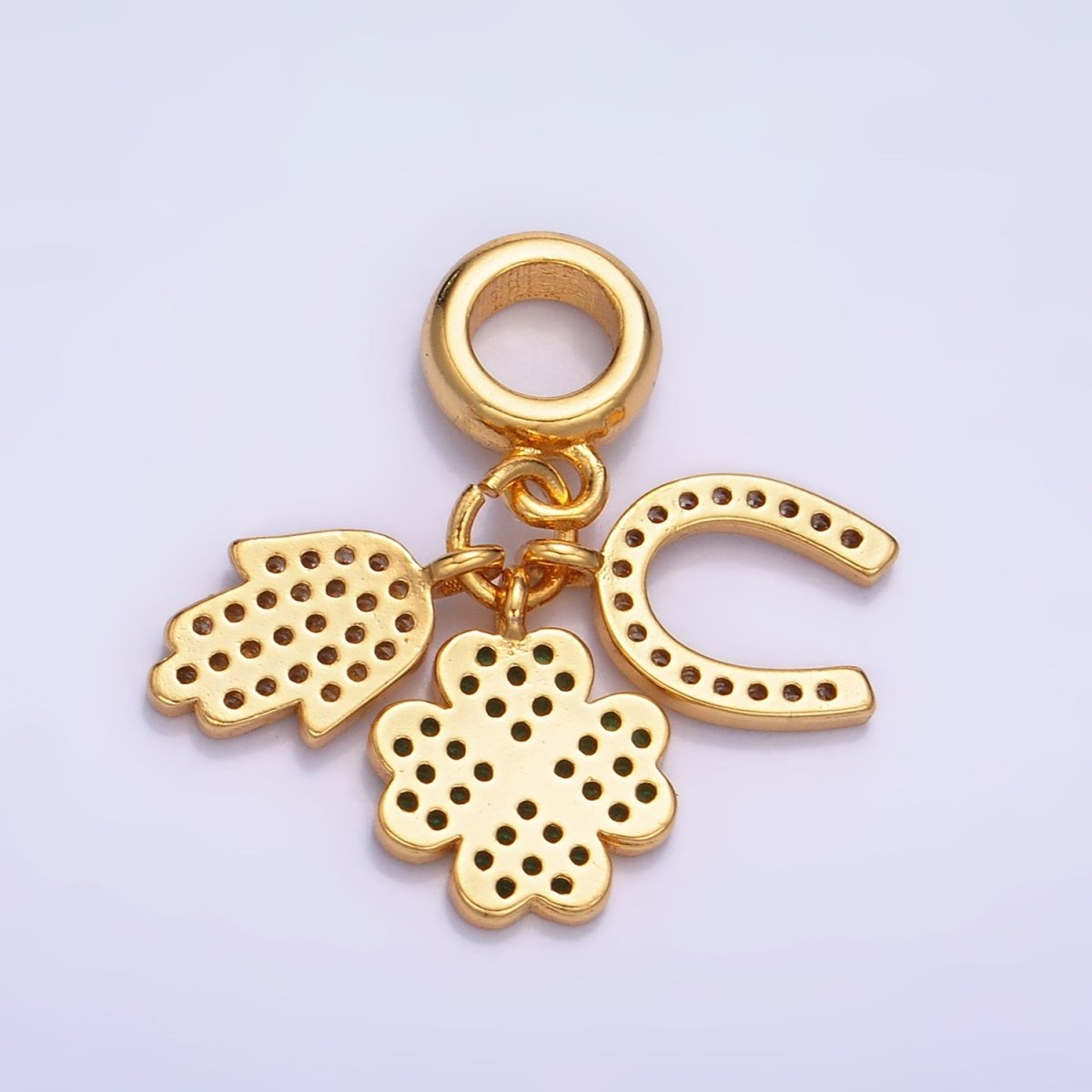 24K Gold Filled CZ Micro Paved Horse Shoe, Four Leaf Clover, Hamsa Hand Rhondelle Drop Lucky Charms | W421 - DLUXCA