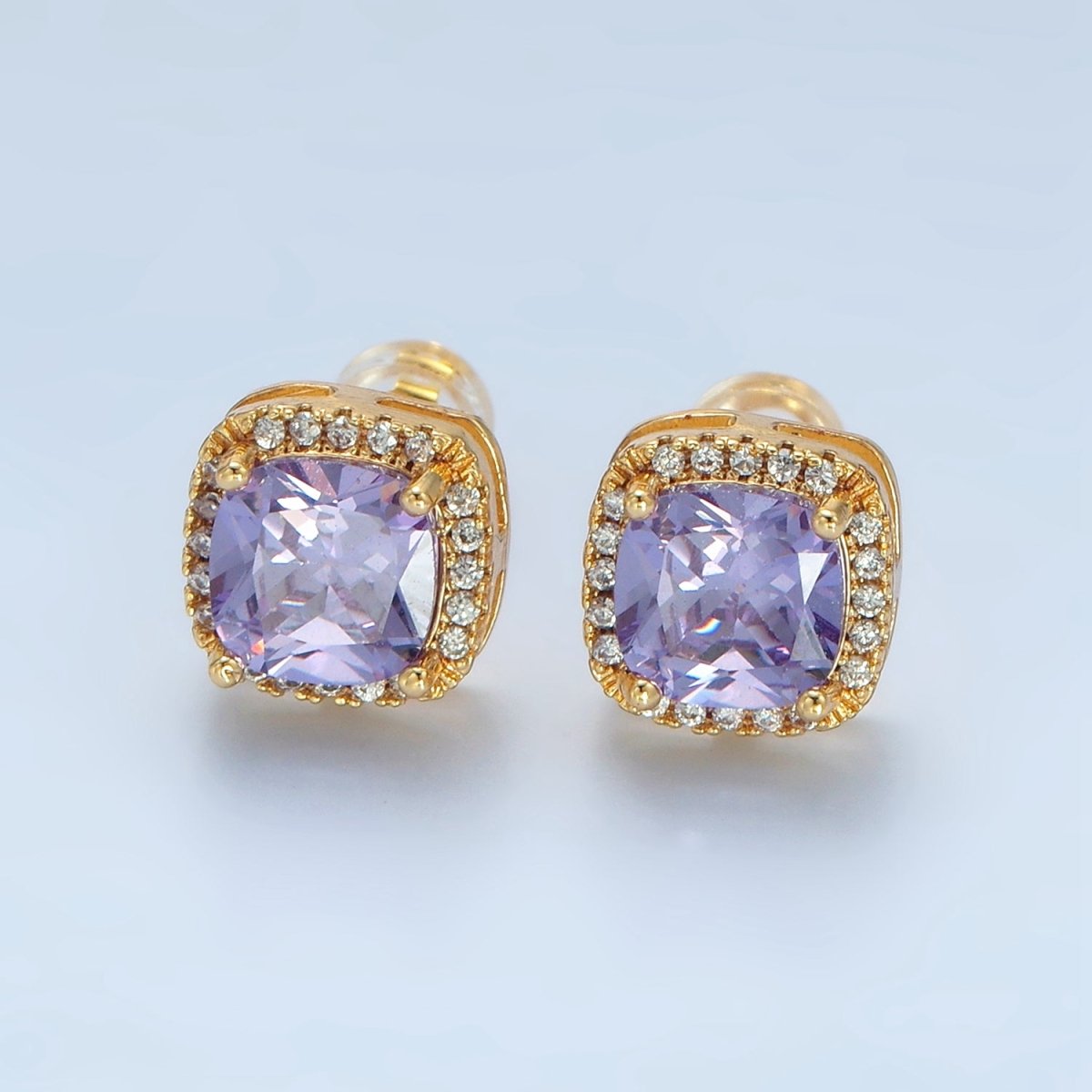 24K Gold Filled CZ Micro Paved Purple Crystal Square Stud Earrings | AD - 742 - DLUXCA