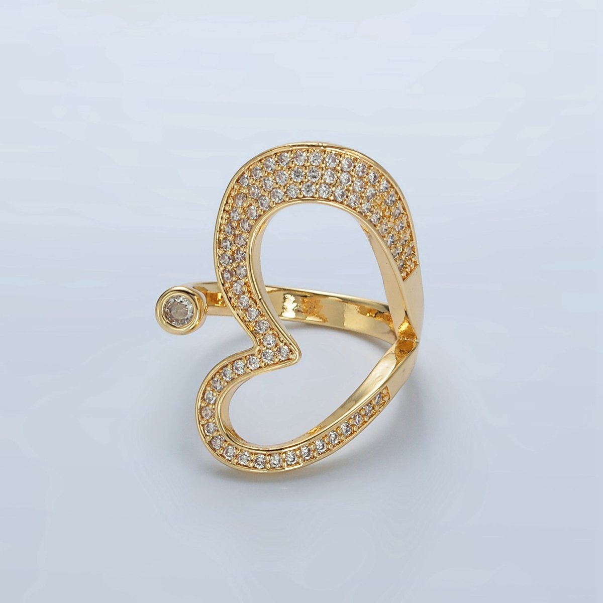 24k Gold Filled CZ Micro Paved Sideway Heart Adjustable Ring | O - 1412 - DLUXCA