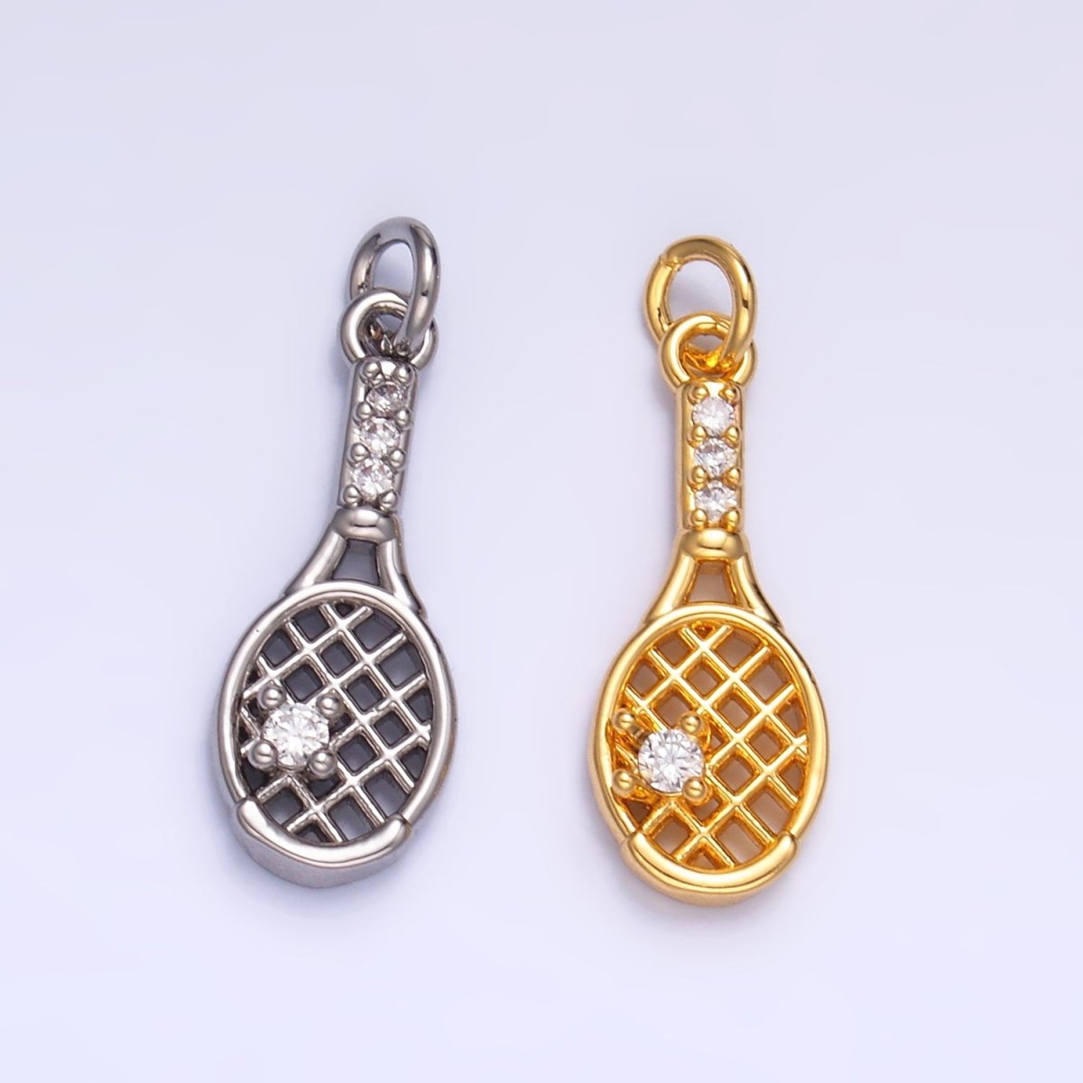 24K Gold Filled CZ Micro Paved Tennis Badminton Racket Sports Charm in Gold & Silver | X855 - DLUXCA