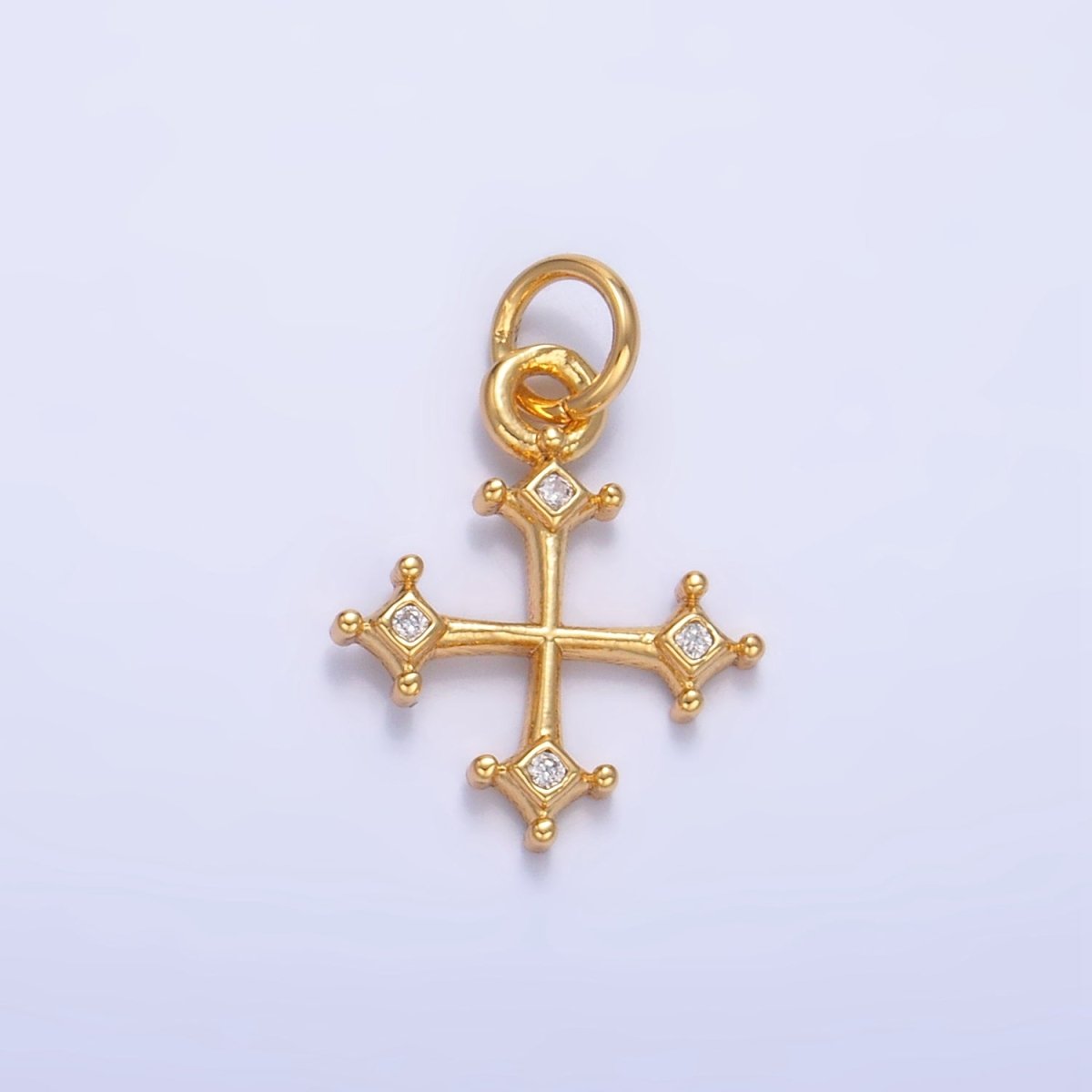 24K Gold Filled CZ Mini Dotted CZ Fleur Cross Charm | W113 - DLUXCA