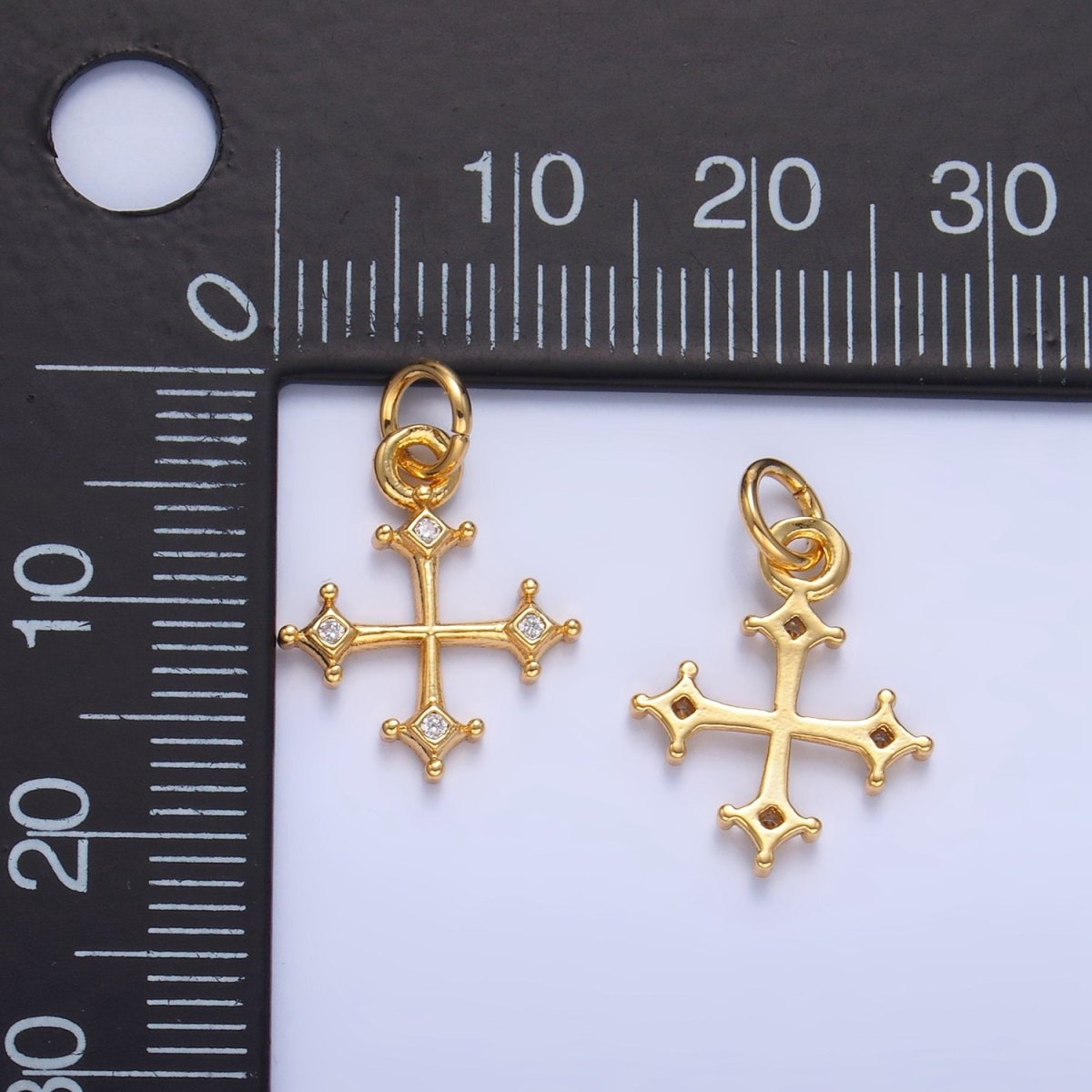 24K Gold Filled CZ Mini Dotted CZ Fleur Cross Charm | W113 - DLUXCA