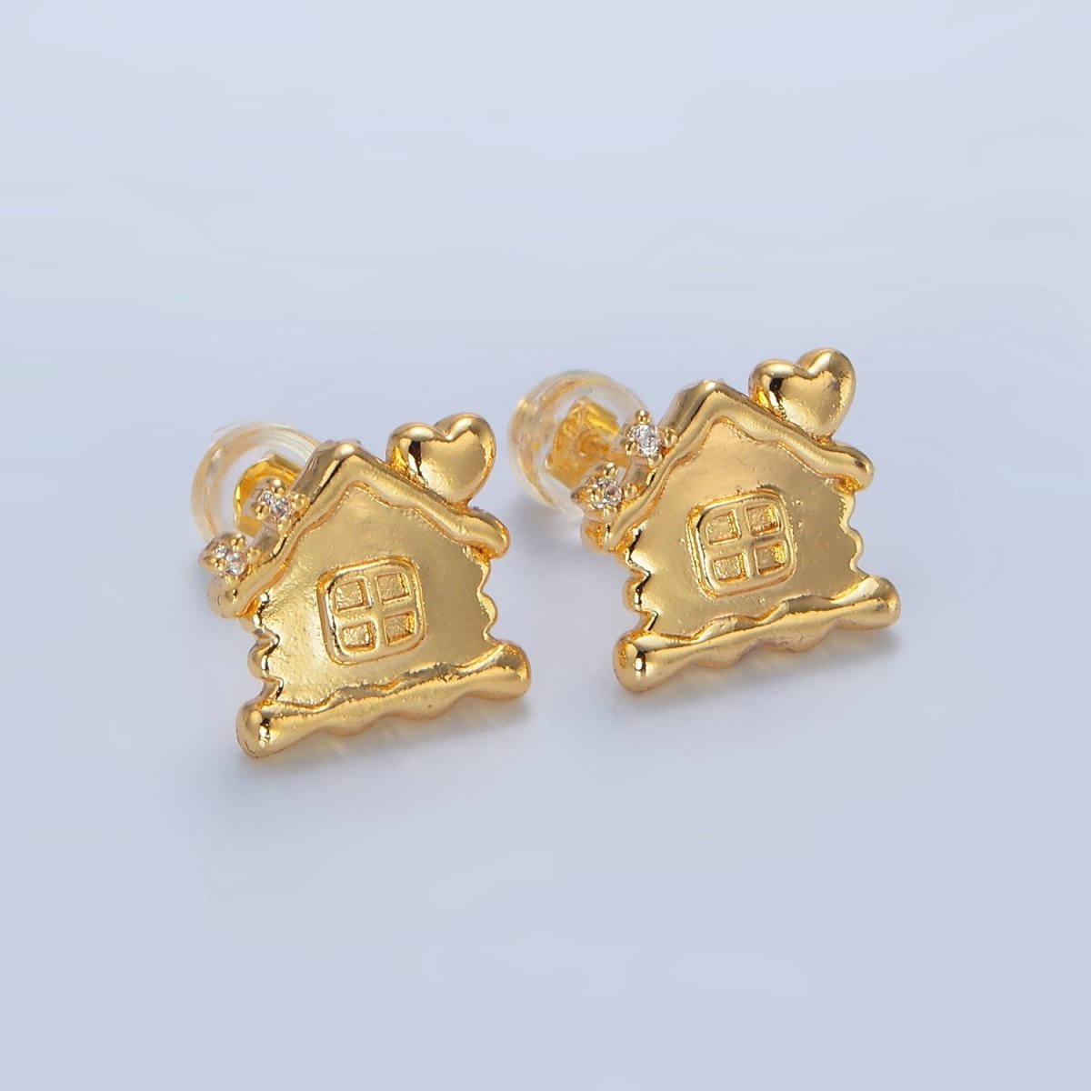 24K Gold Filled CZ Molten Dough House Heart Stud Earrings | P003 - DLUXCA