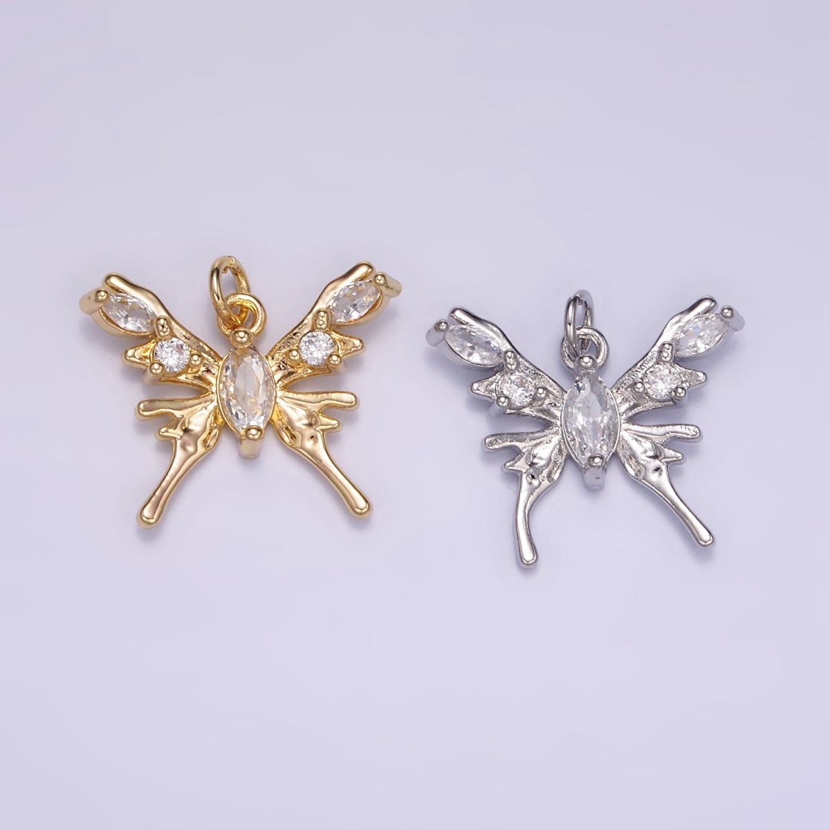 24K Gold Filled CZ Molten Drip Butterfly Insect Charm in Gold & Silver | AC170 - DLUXCA