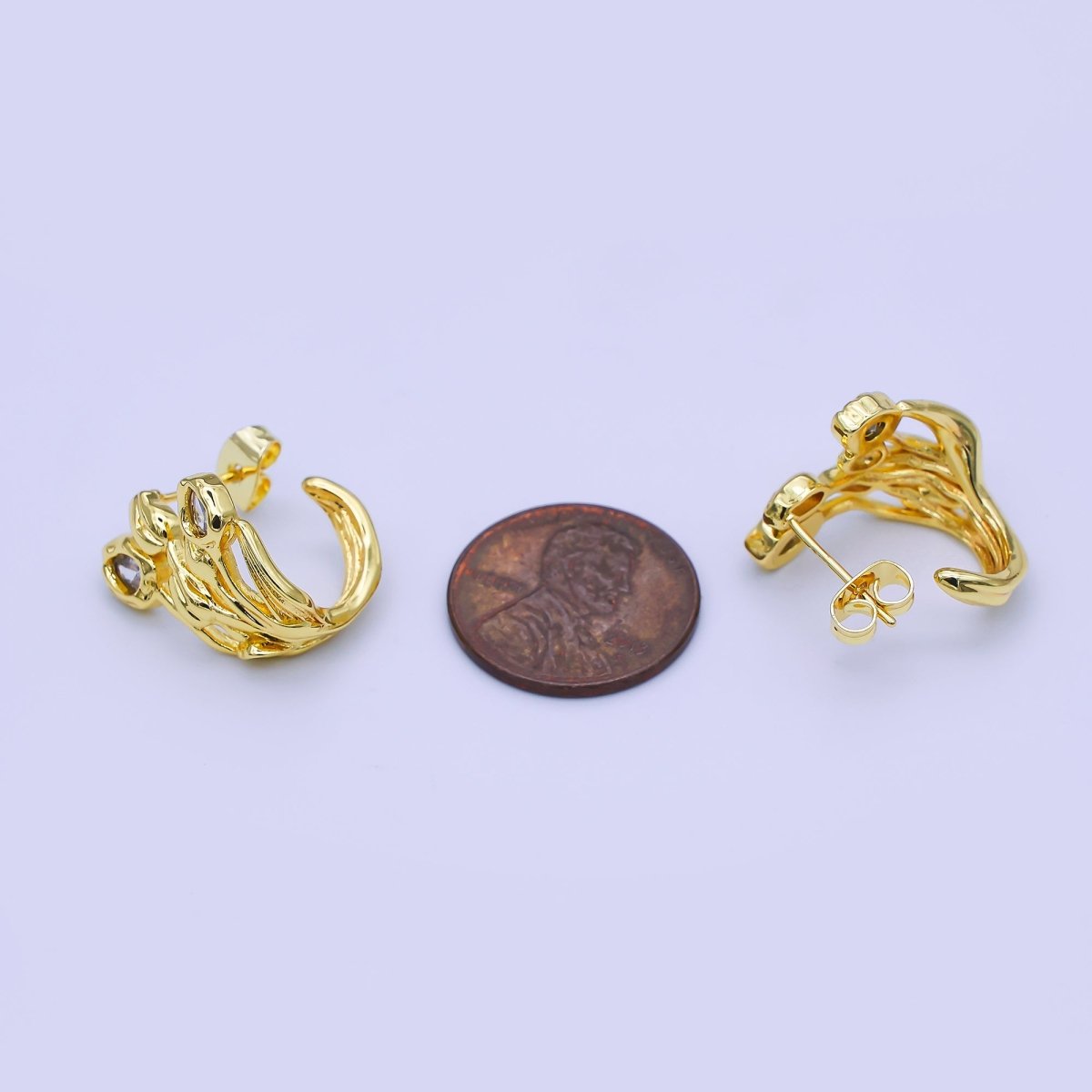24K Gold Filled CZ Molten Flower J - Shaped Hoop Earrings | AI499 - DLUXCA